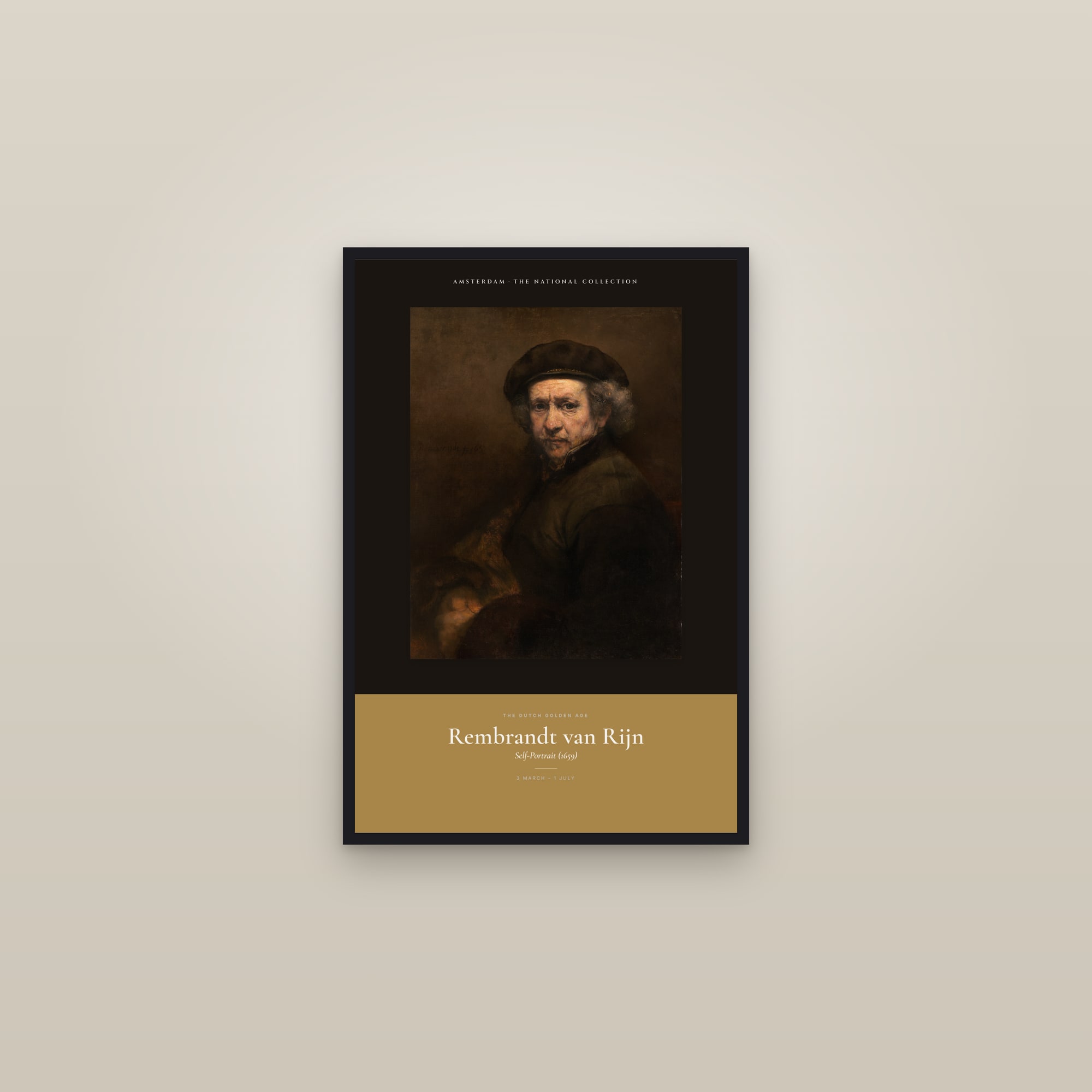 Self-Portrait (1659) — Exhibition Poster — framed in a gallery setting