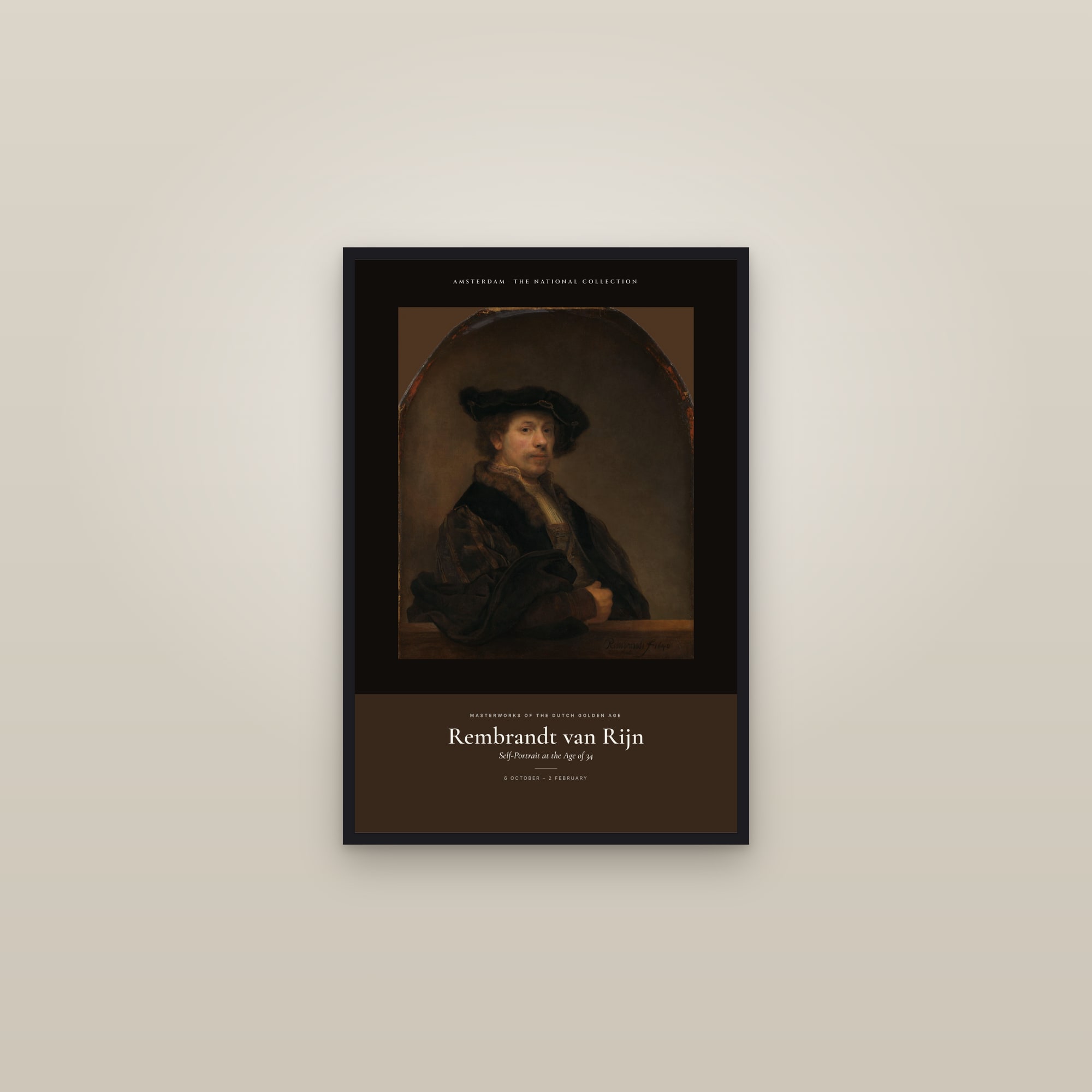 Self-Portrait at the Age of 34 — Exhibition Poster — framed in a gallery setting