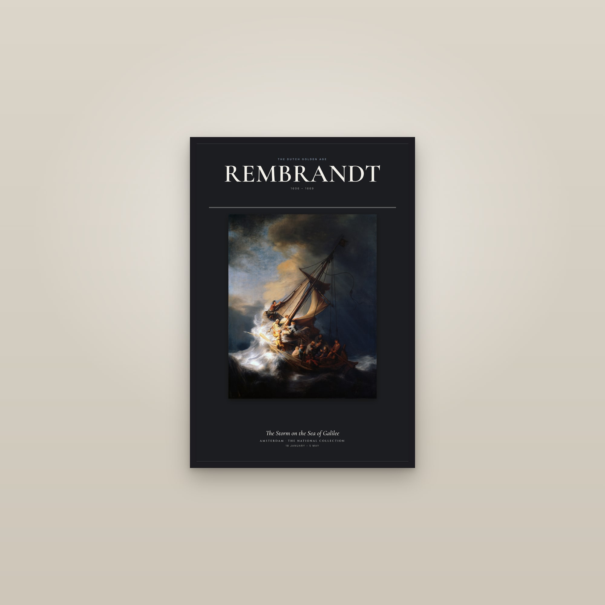The Storm on the Sea of Galilee — Exhibition Poster — framed in a gallery setting