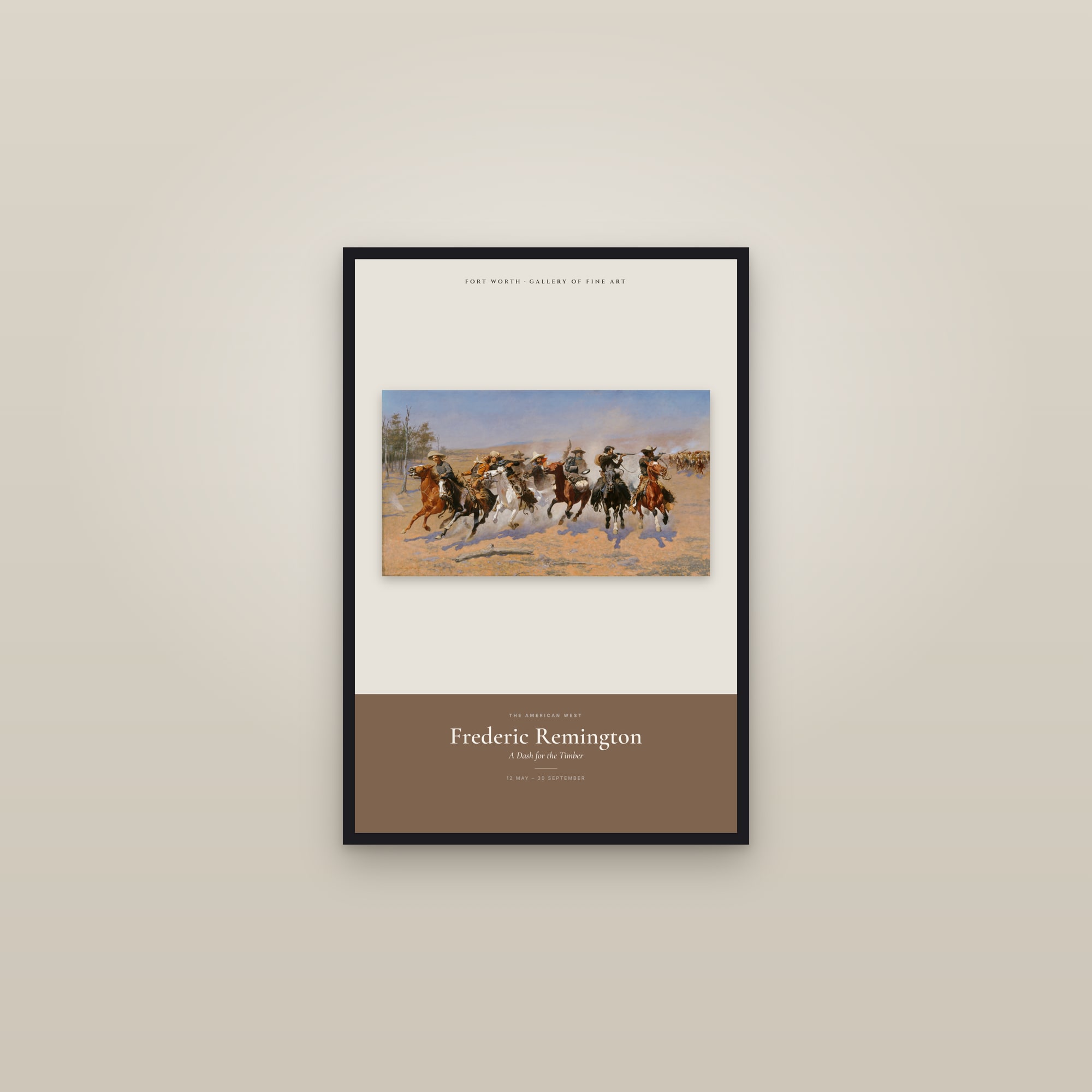 A Dash for the Timber — Exhibition Poster — framed in a gallery setting