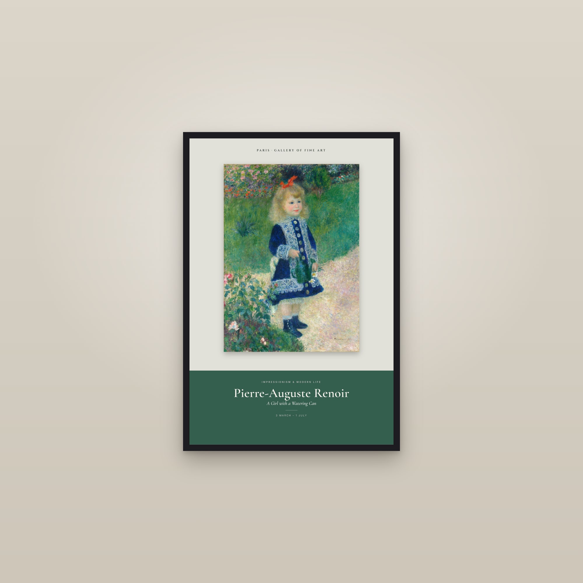 A Girl with a Watering Can — Exhibition Poster — framed in a gallery setting