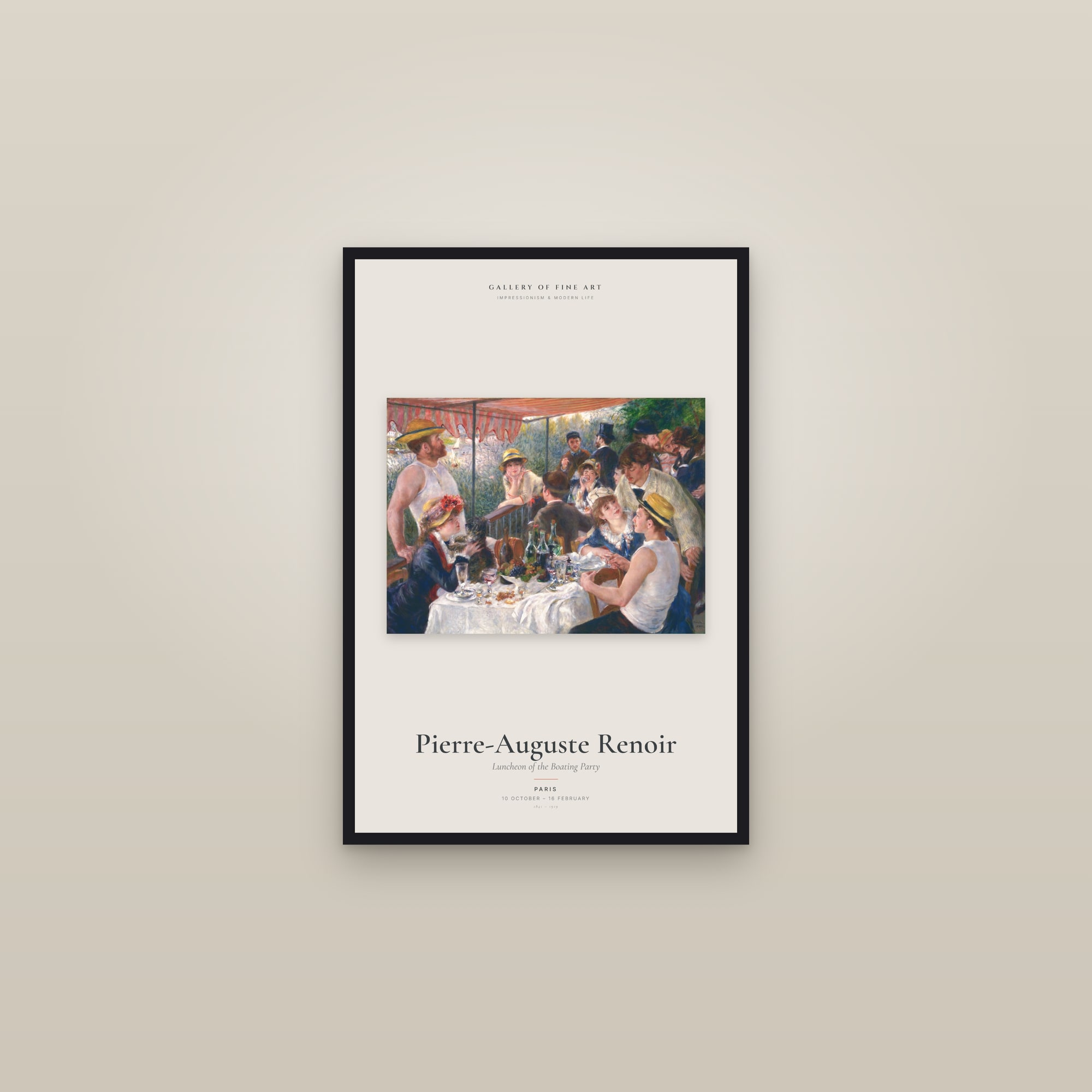 Luncheon of the Boating Party — Exhibition Poster — framed in a gallery setting