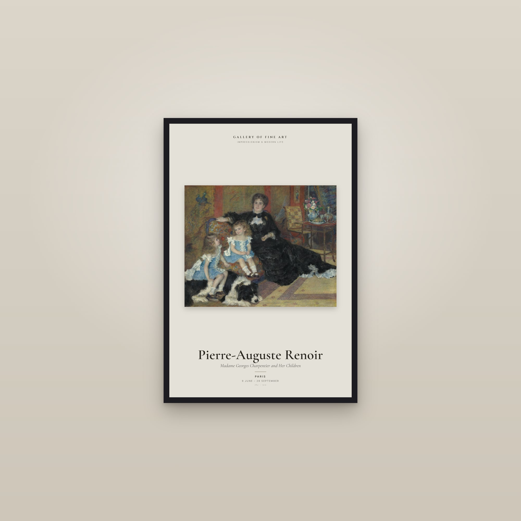 Madame Georges Charpentier and Her Children — Exhibition Poster — framed in a gallery setting
