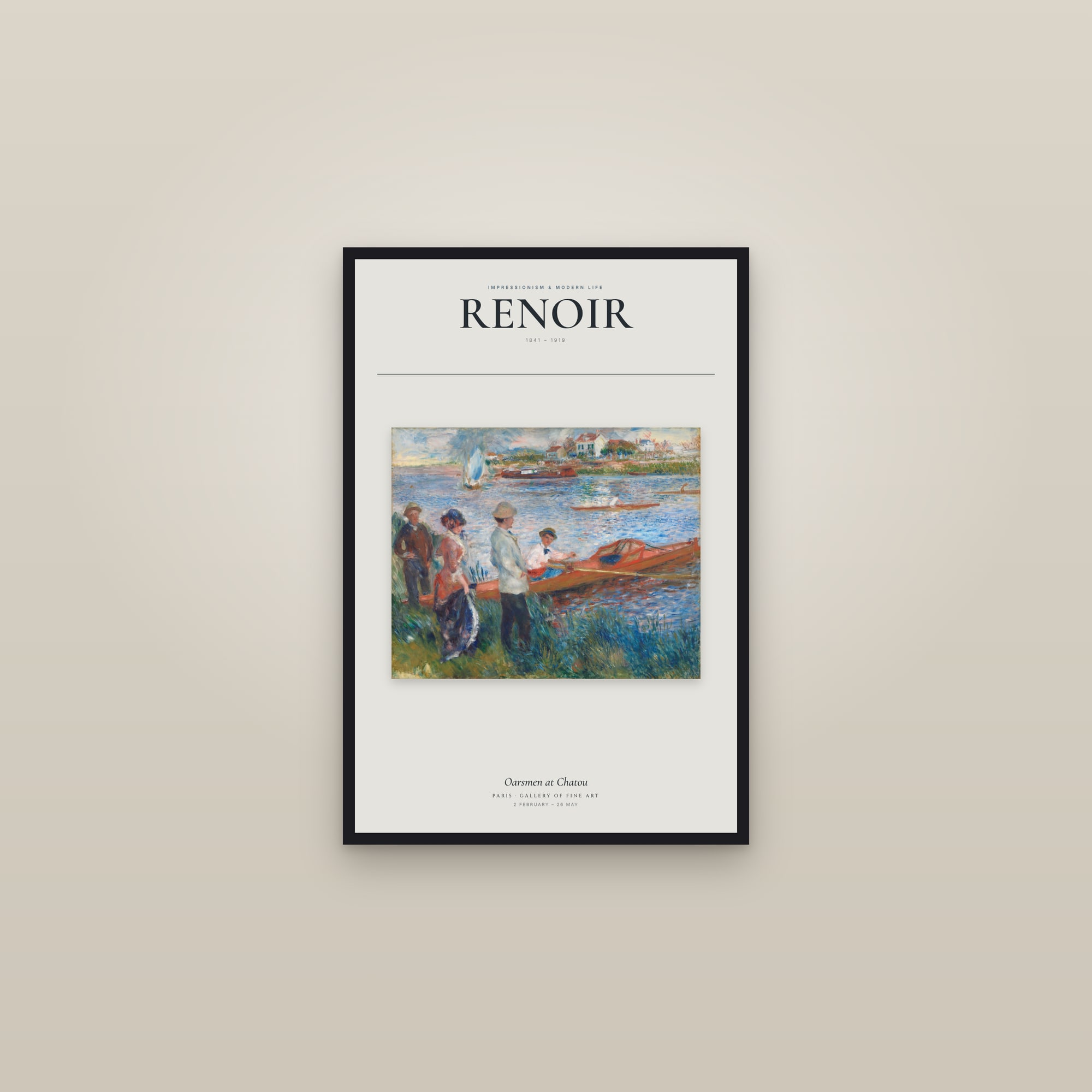 Oarsmen at Chatou — Exhibition Poster — framed in a gallery setting