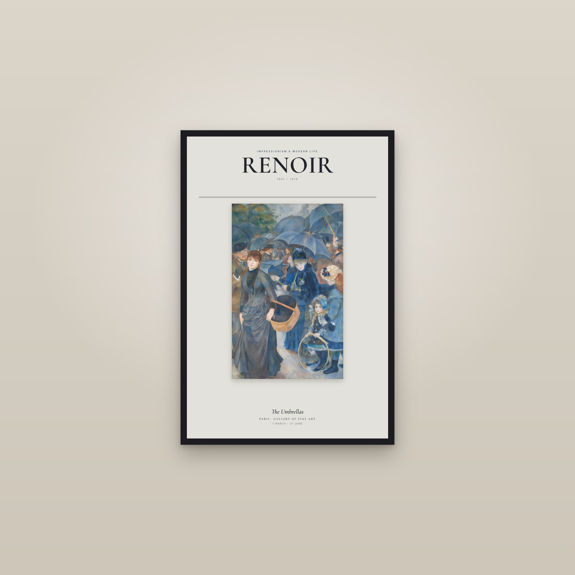The Umbrellas — Exhibition Poster — framed in a gallery setting