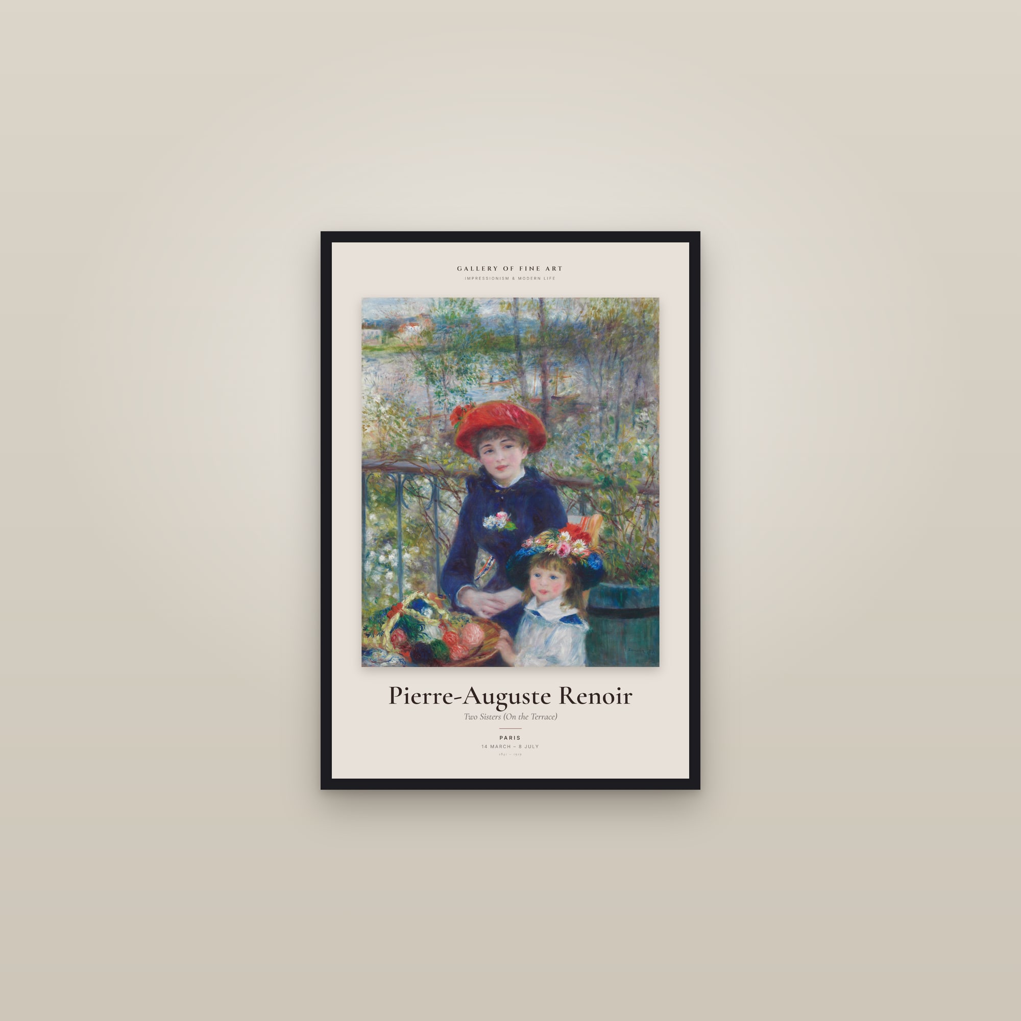 Two Sisters (On the Terrace) — Exhibition Poster — framed in a gallery setting