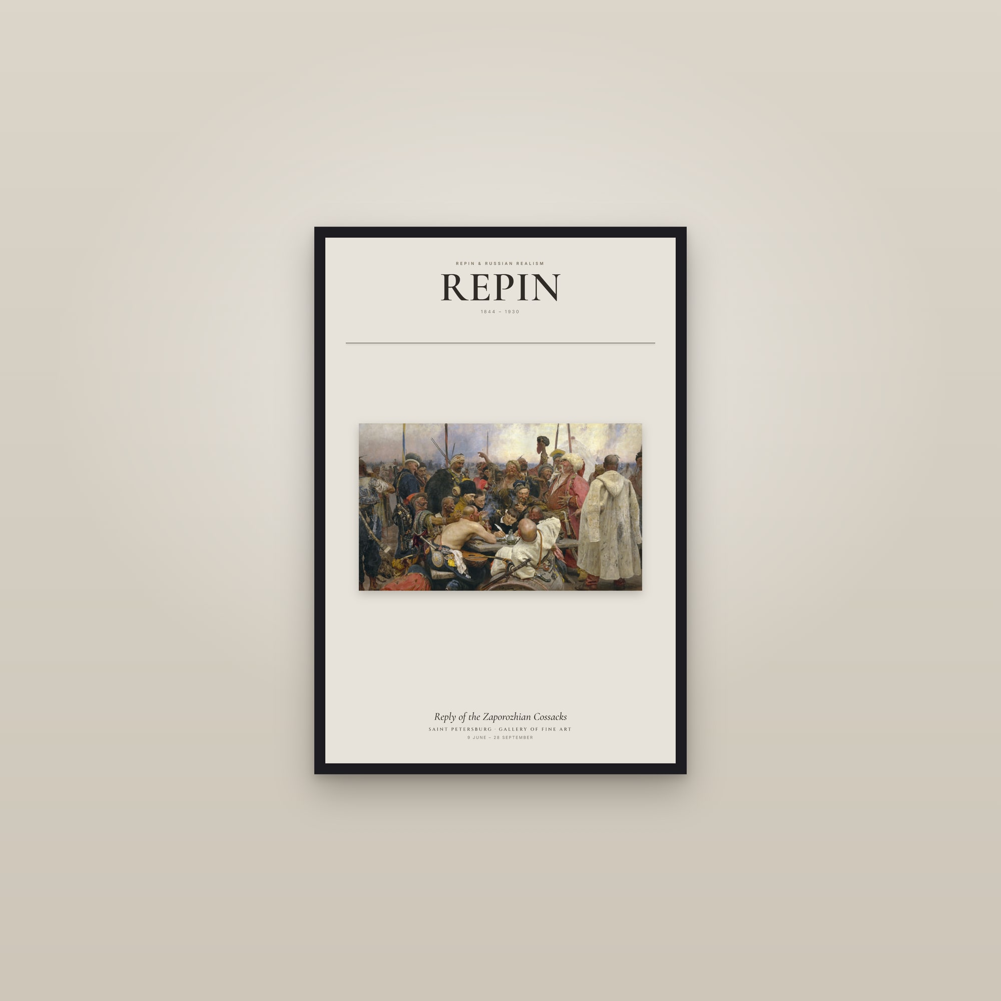 Reply of the Zaporozhian Cossacks — Exhibition Poster — framed in a gallery setting