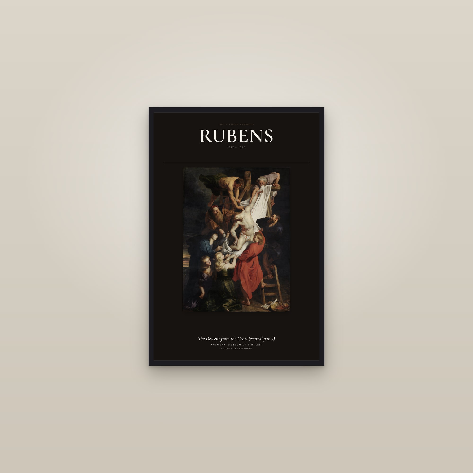The Descent from the Cross (central panel) — Exhibition Poster — framed in a gallery setting