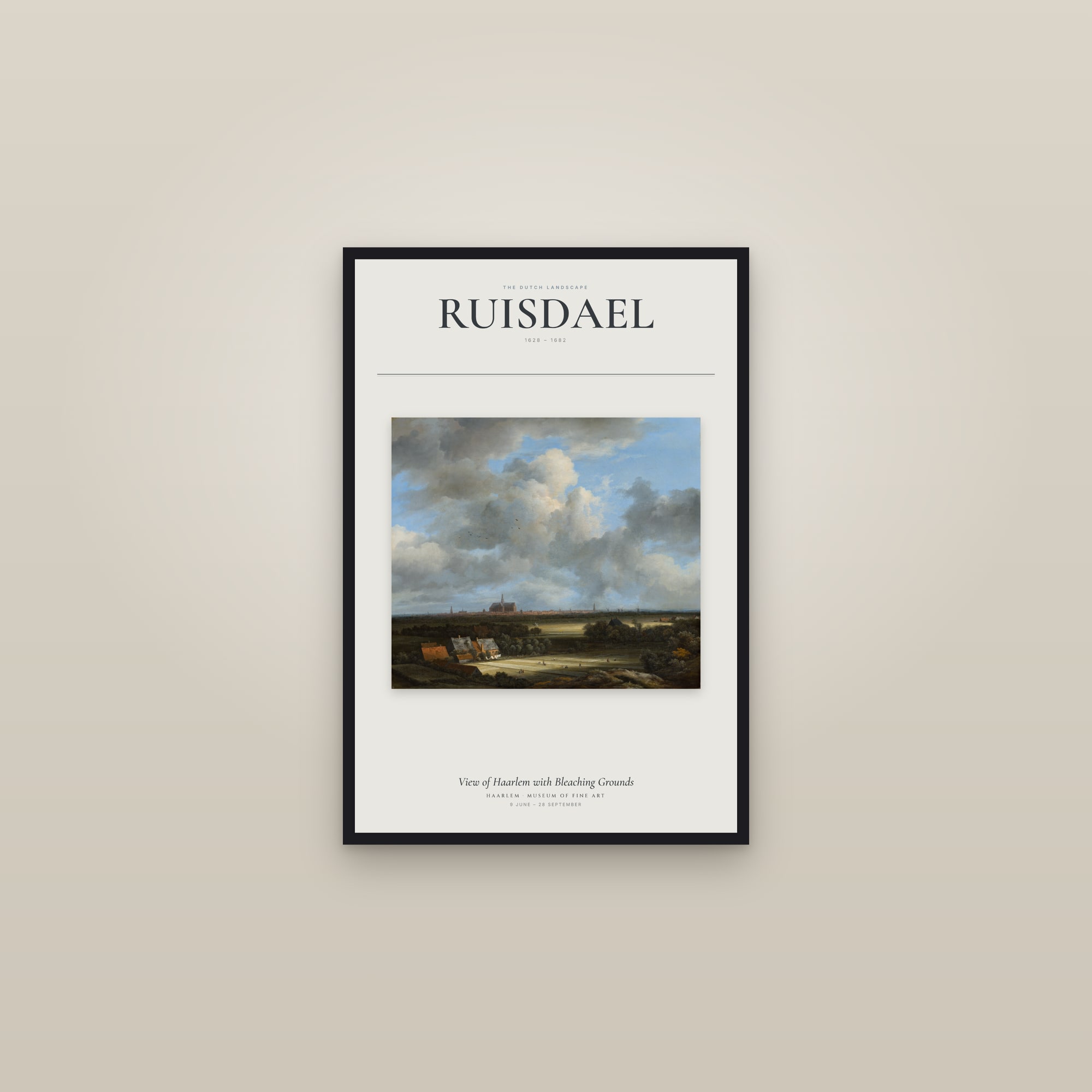 View of Haarlem with Bleaching Grounds — Exhibition Poster — framed in a gallery setting