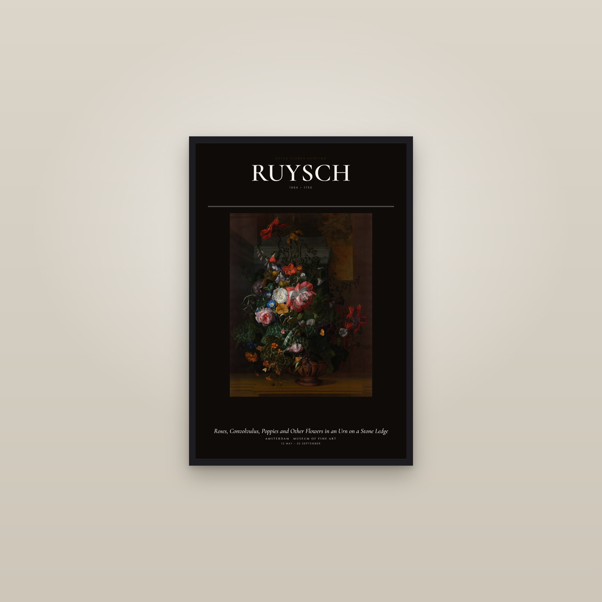 Roses, Convolvulus, Poppies and Other Flowers in an Urn on a Stone Ledge — Exhibition Poster — framed in a gallery setting
