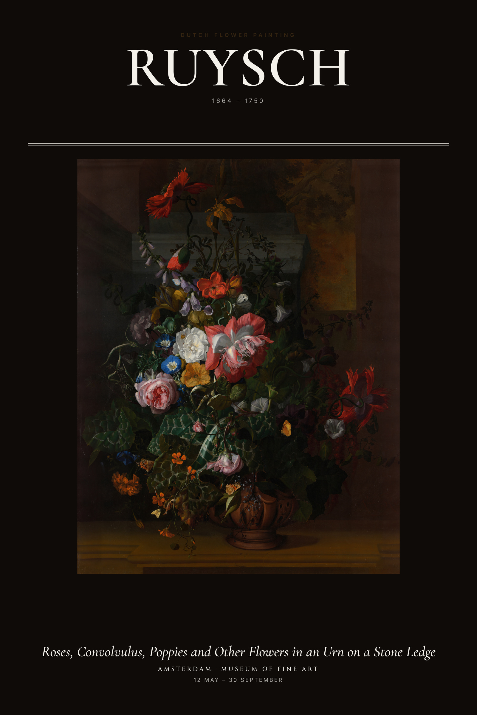 Roses, Convolvulus, Poppies and Other Flowers in an Urn on a Stone Ledge — Exhibition Poster