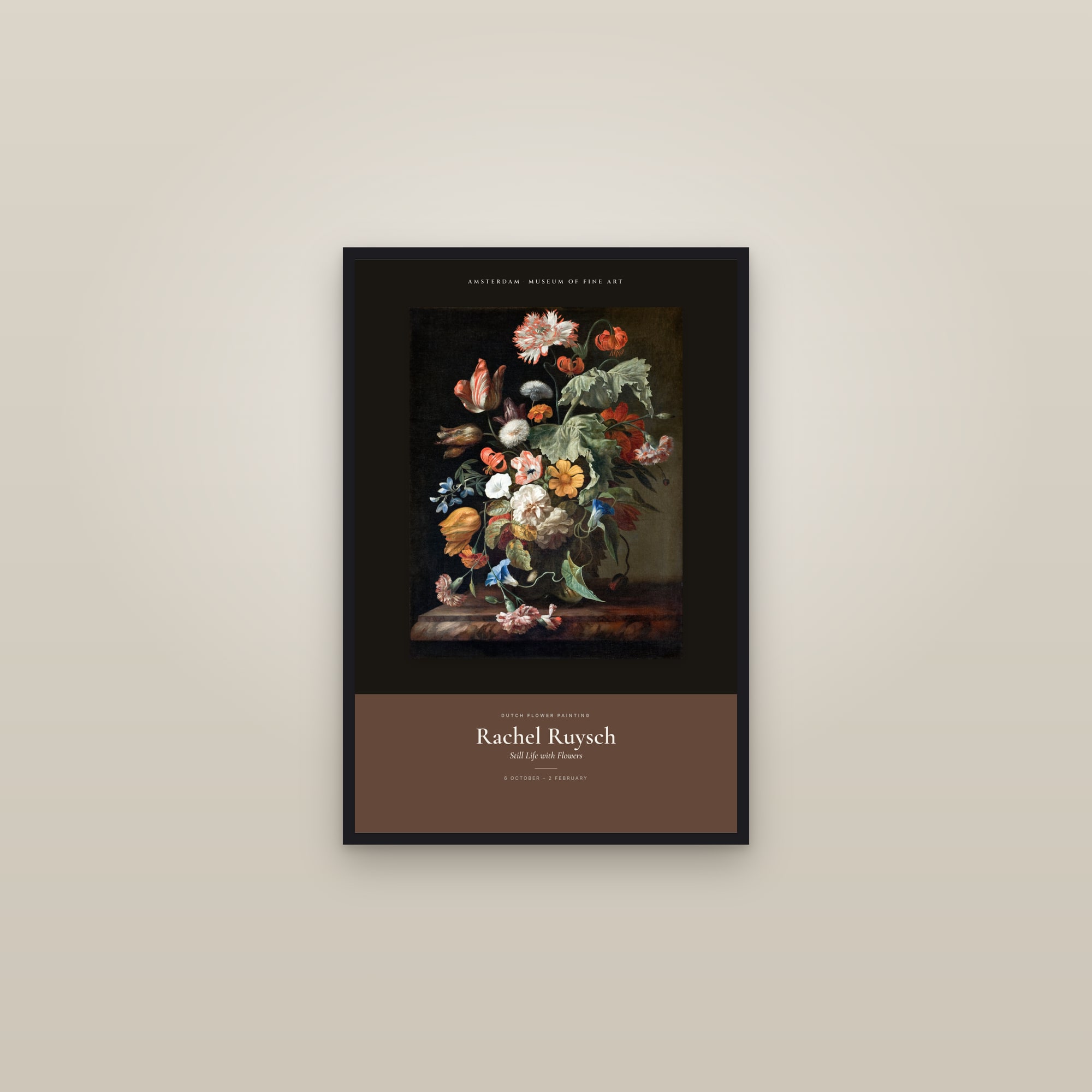 Still Life with Flowers — Exhibition Poster — framed in a gallery setting