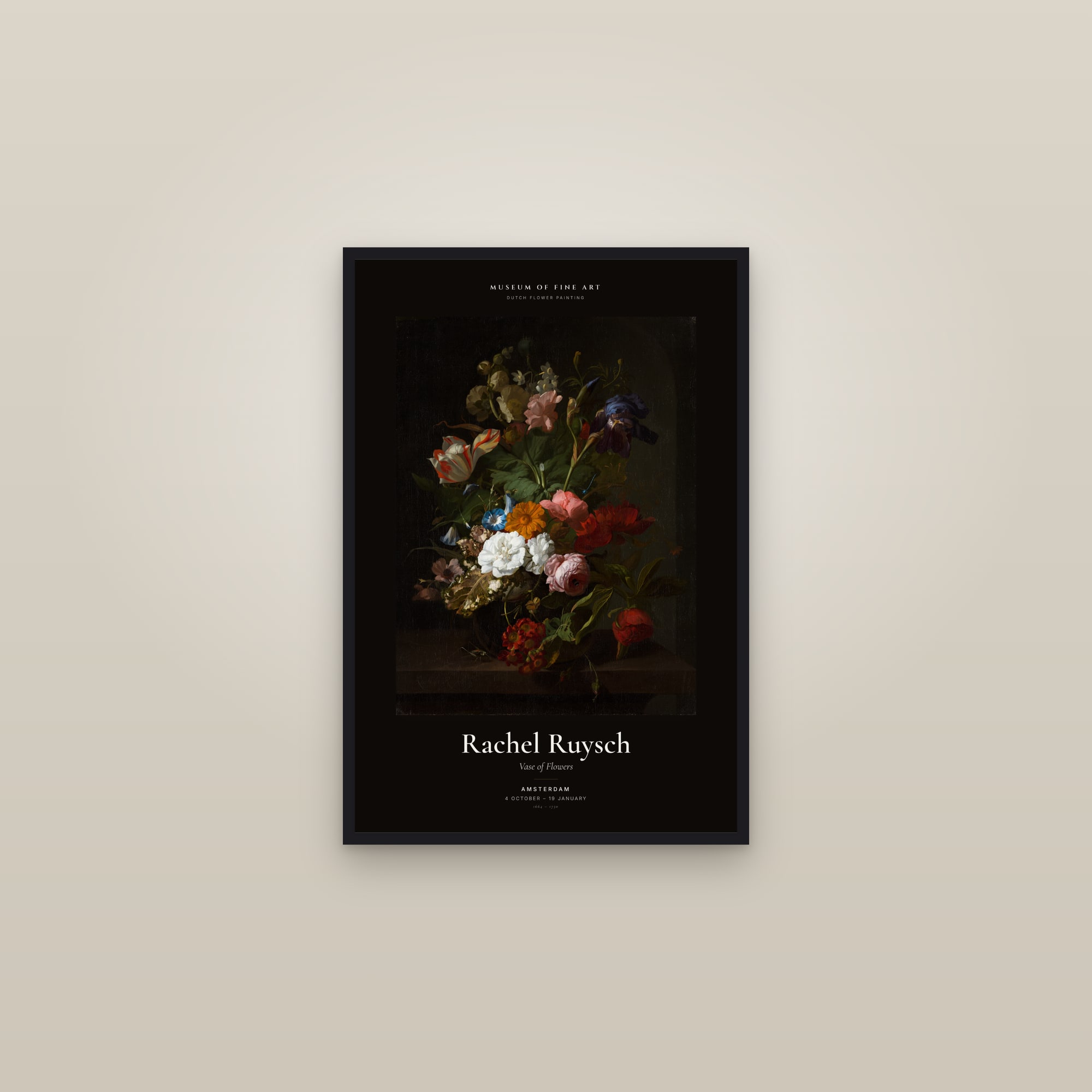 Vase of Flowers (Ruysch) — Exhibition Poster — framed in a gallery setting