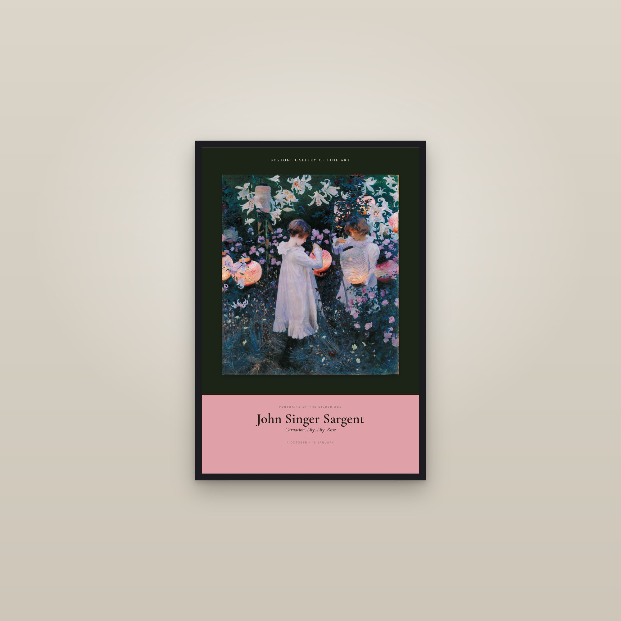 Carnation, Lily, Lily, Rose — Exhibition Poster — framed in a gallery setting