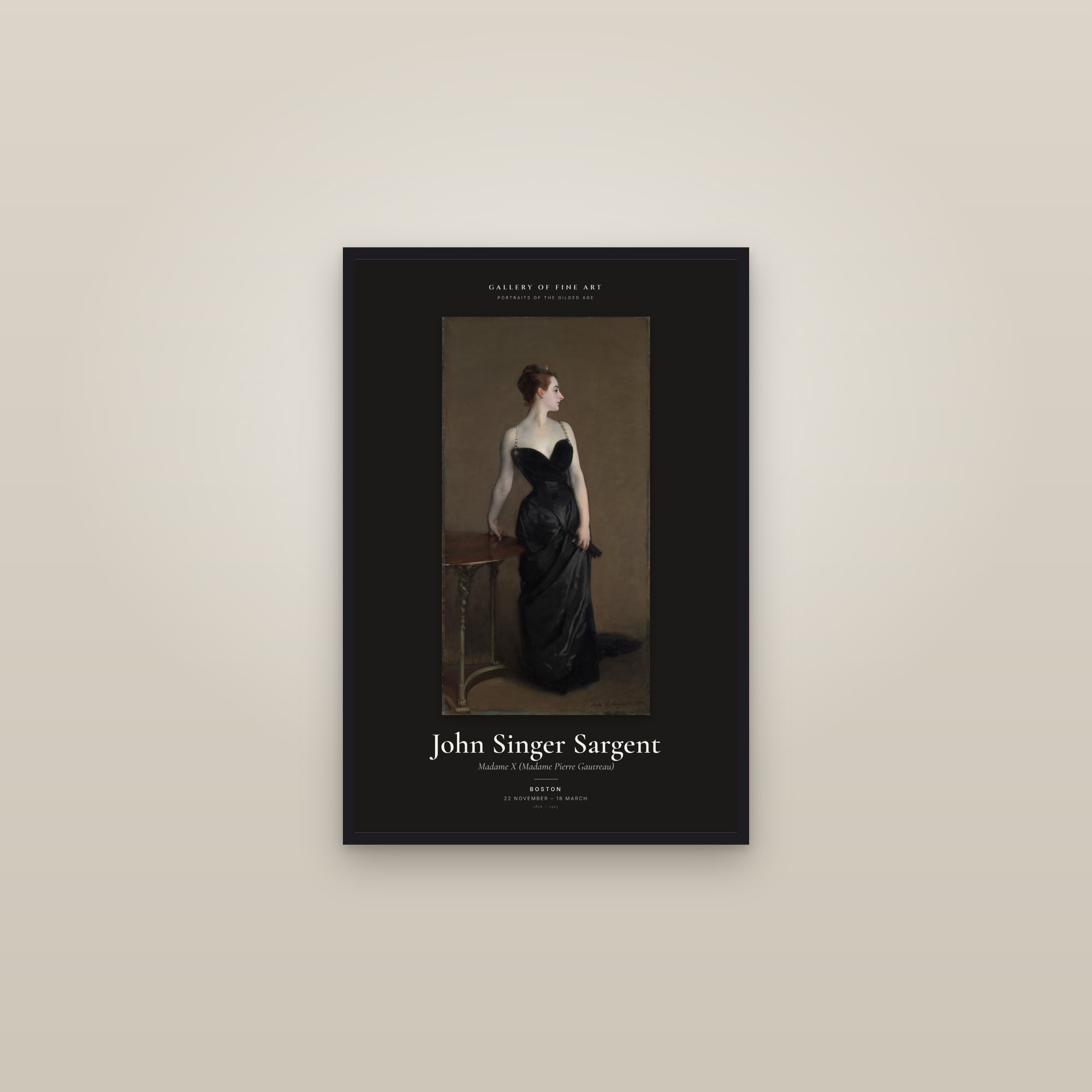 Madame X (Madame Pierre Gautreau) — Exhibition Poster — framed in a gallery setting