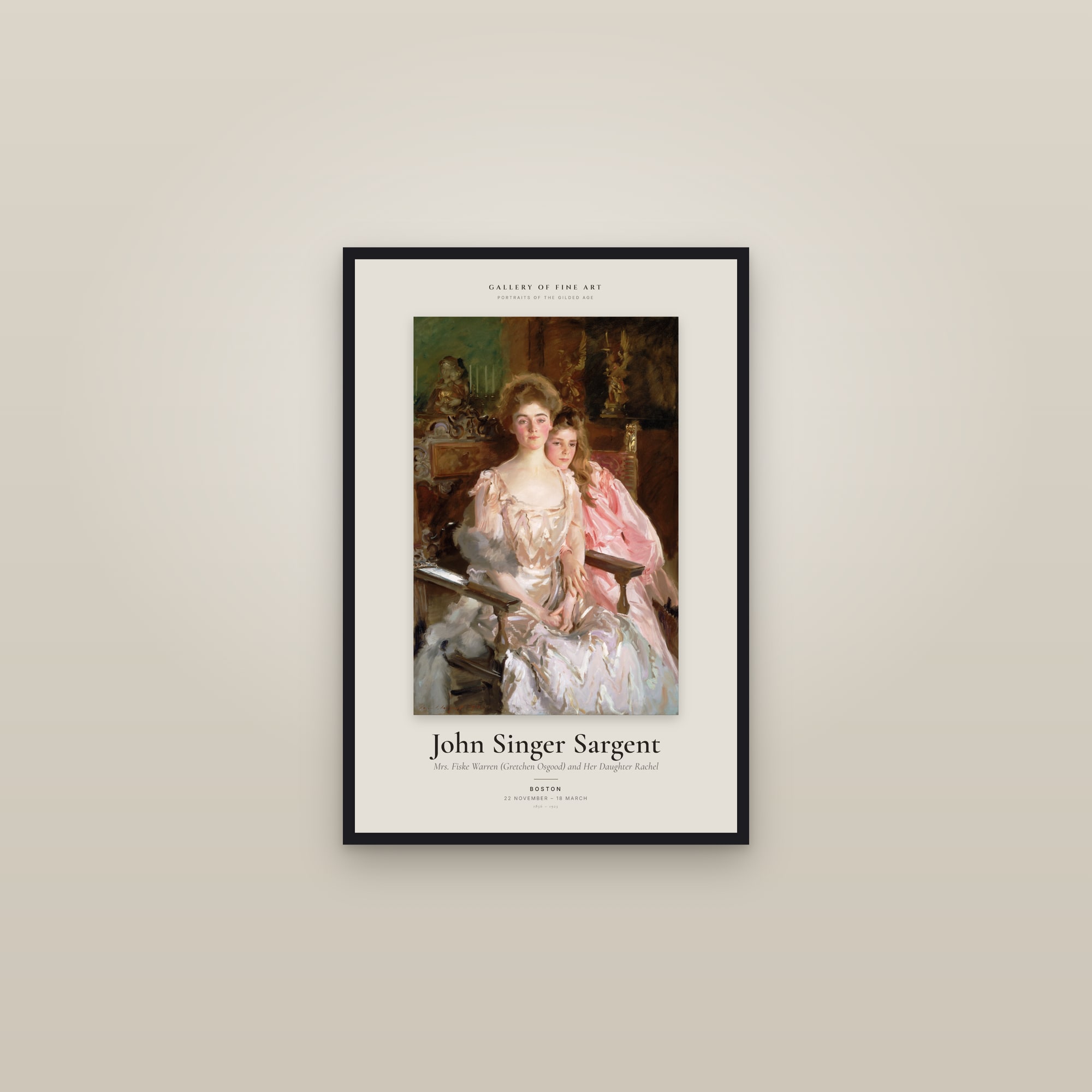 Mrs. Fiske Warren (Gretchen Osgood) and Her Daughter Rachel — Exhibition Poster — framed in a gallery setting
