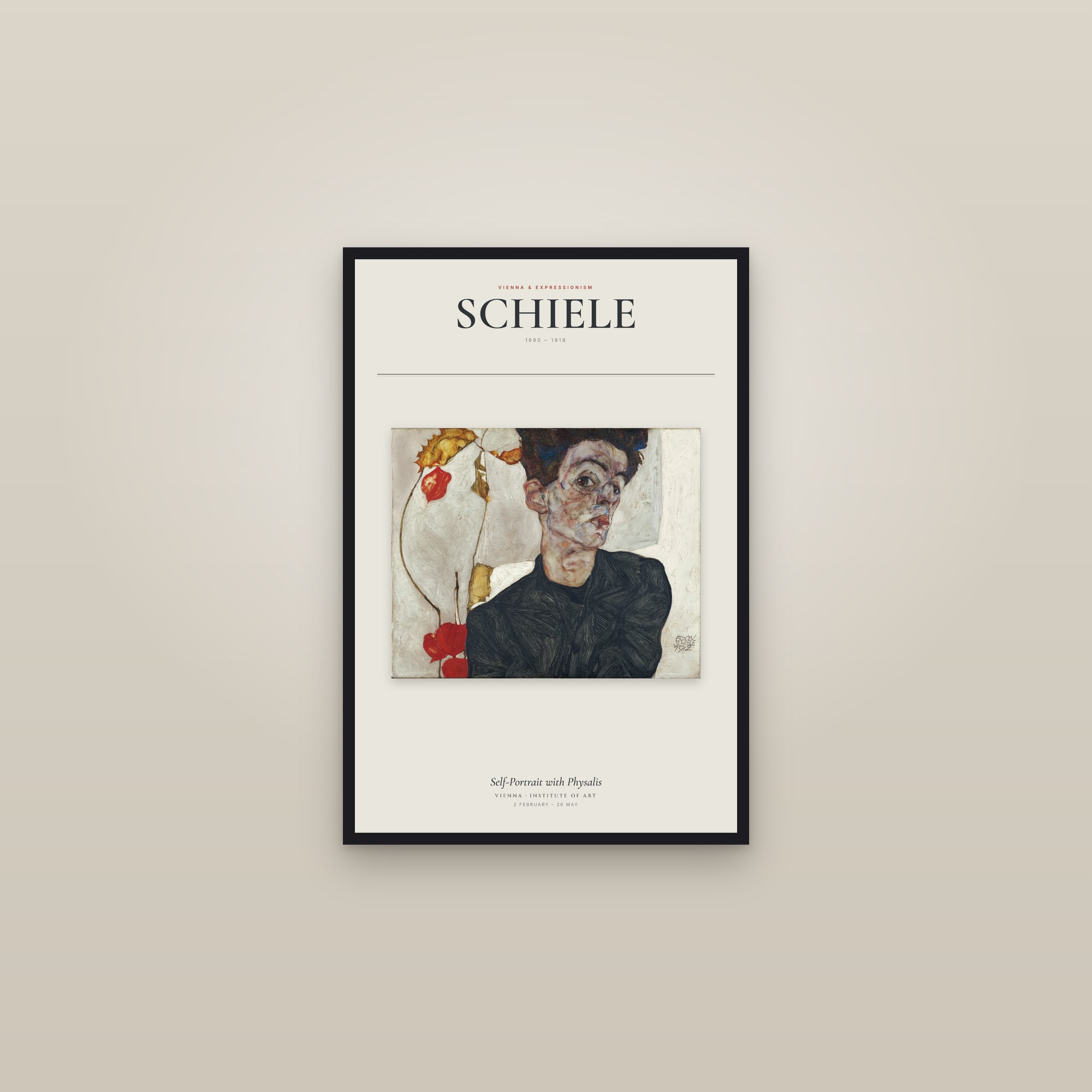 Self-Portrait with Physalis — Exhibition Poster — framed in a gallery setting