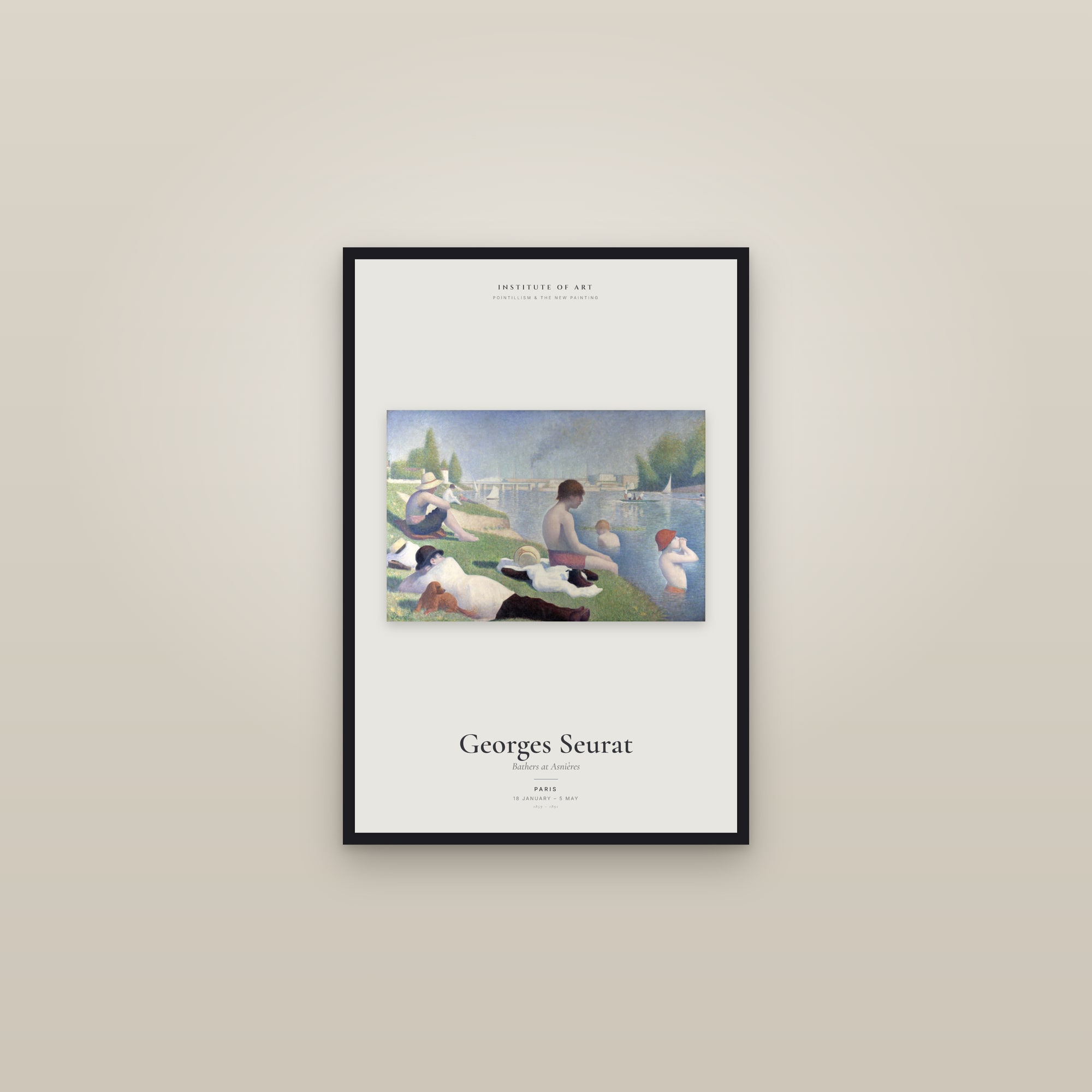 Bathers at Asnières — Exhibition Poster — framed in a gallery setting