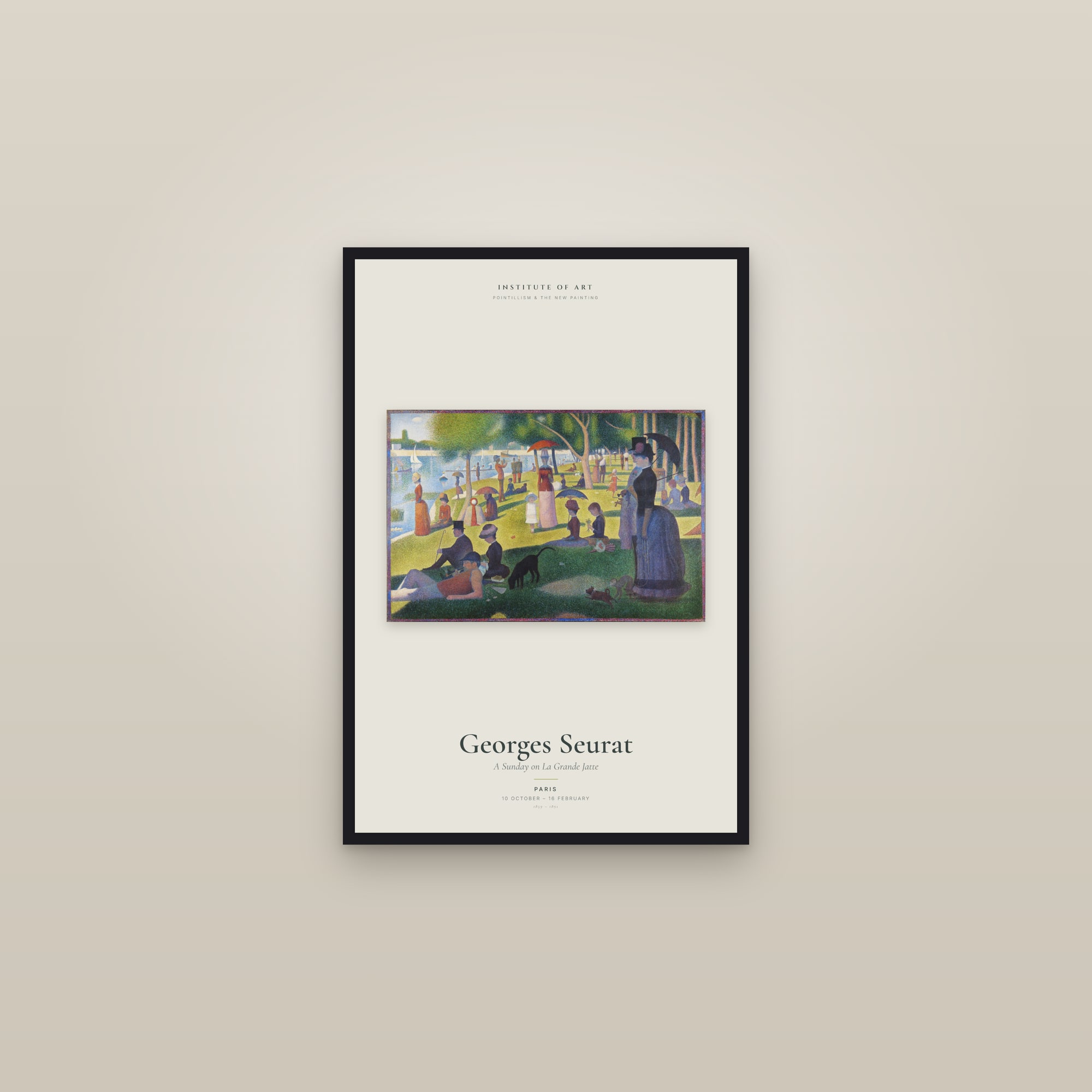 A Sunday on La Grande Jatte — Exhibition Poster — framed in a gallery setting