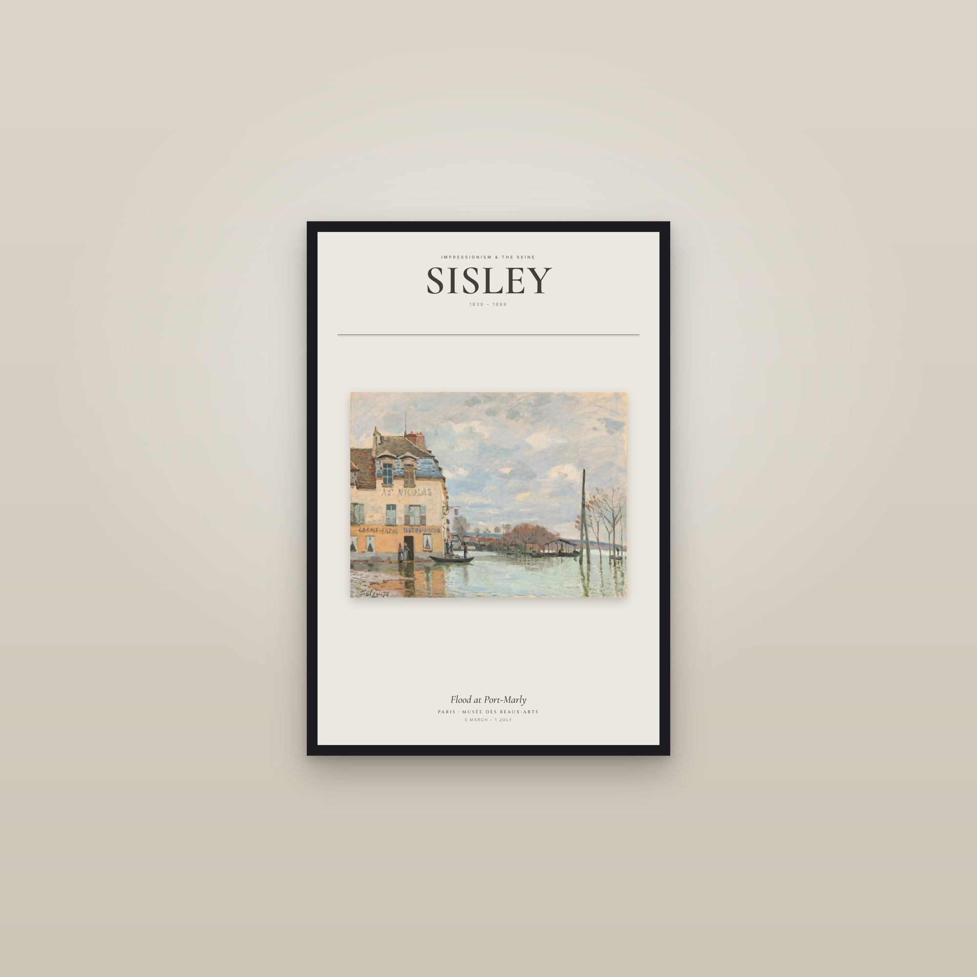 Flood at Port-Marly — Exhibition Poster — framed in a gallery setting