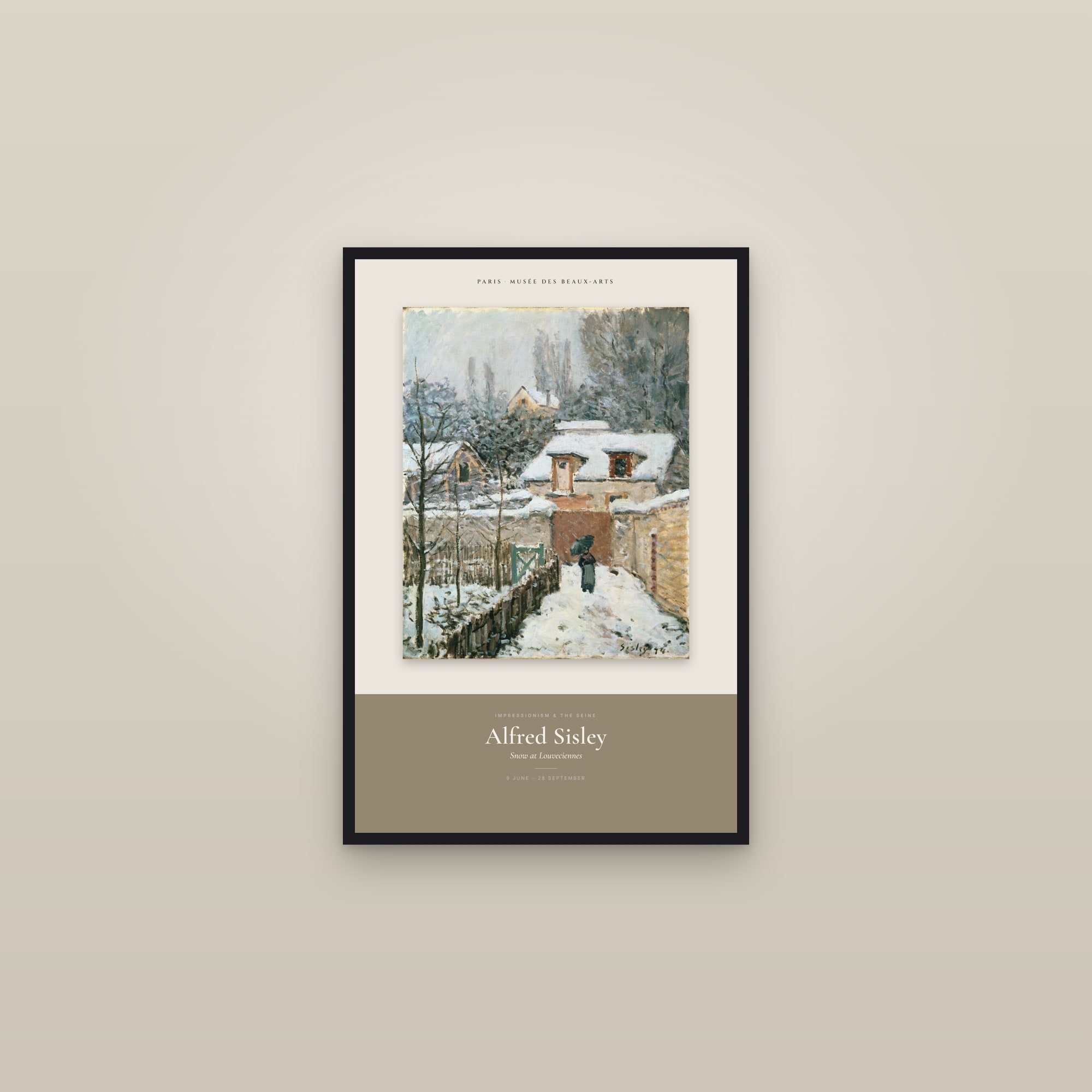 Snow at Louveciennes — Exhibition Poster — framed in a gallery setting