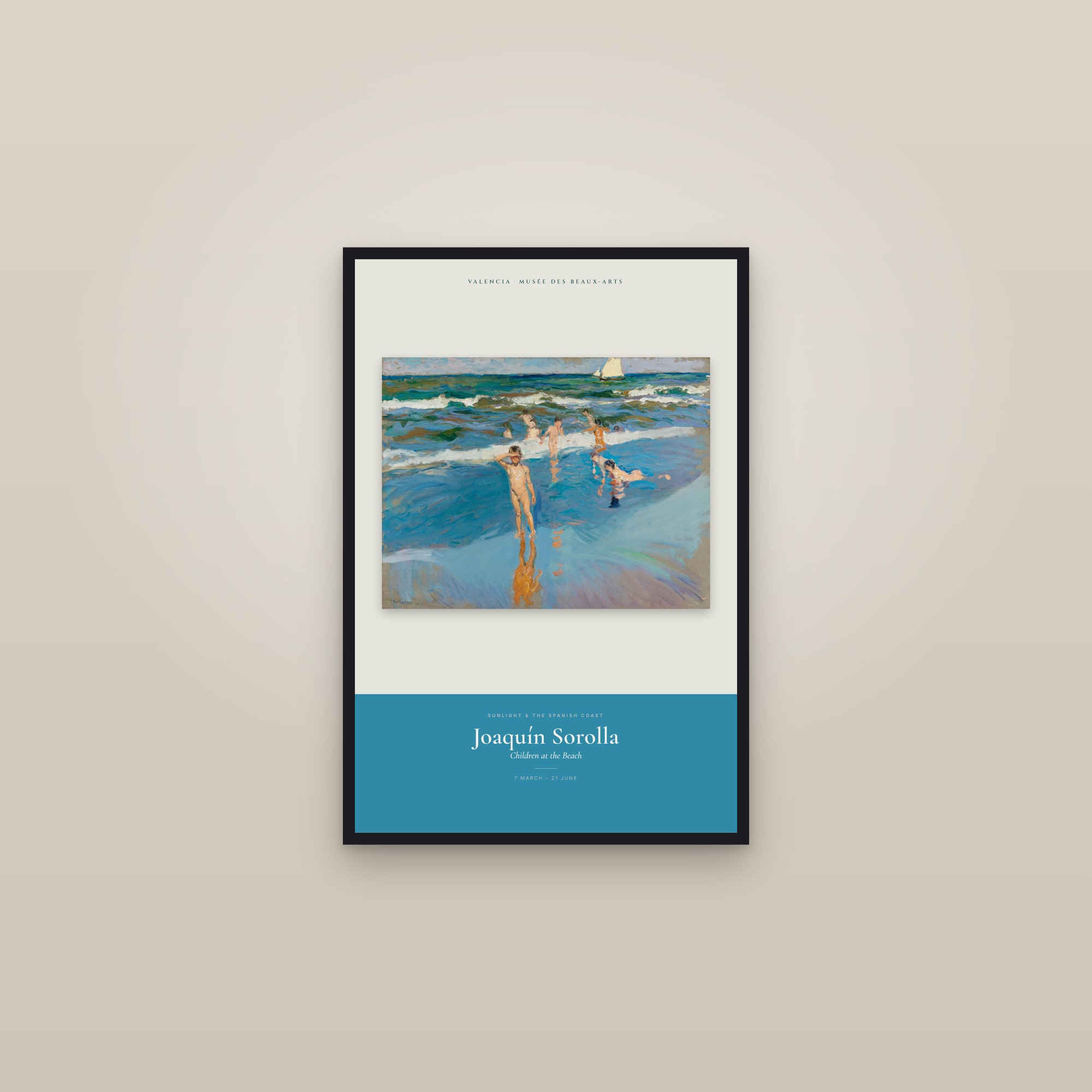 Children at the Beach — Exhibition Poster — framed in a gallery setting