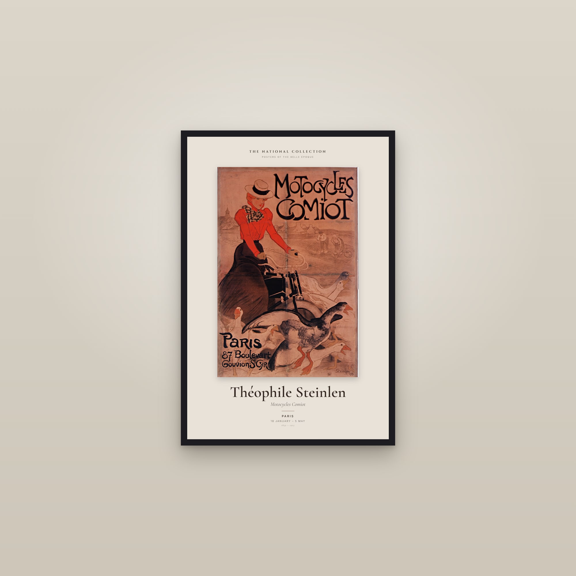 Motocycles Comiot — Exhibition Poster — framed in a gallery setting