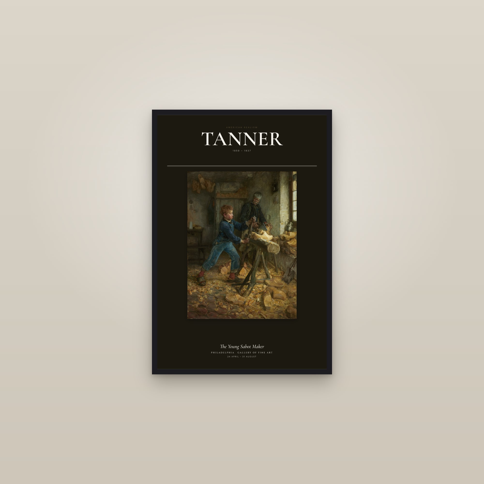 The Young Sabot Maker — Exhibition Poster — framed in a gallery setting