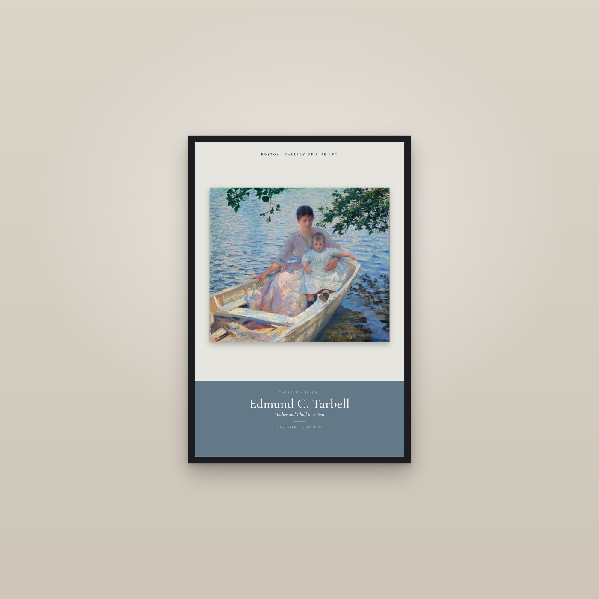 Mother and Child in a Boat — Exhibition Poster — framed in a gallery setting