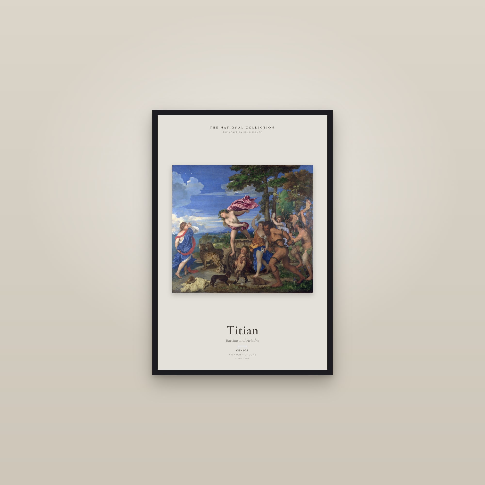 Bacchus and Ariadne — Exhibition Poster — framed in a gallery setting