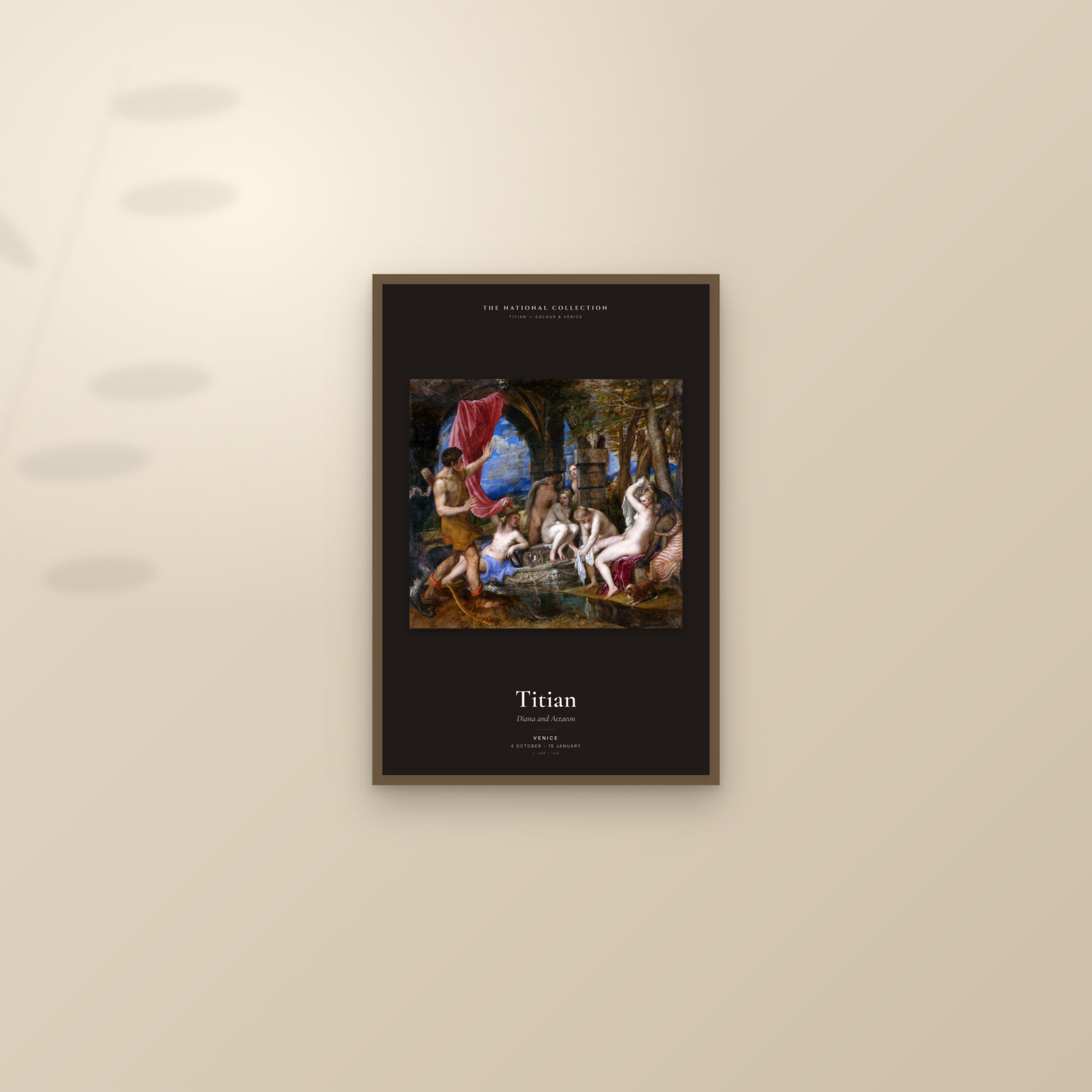Diana and Actaeon — Exhibition Poster — framed and styled on a sunlit wall