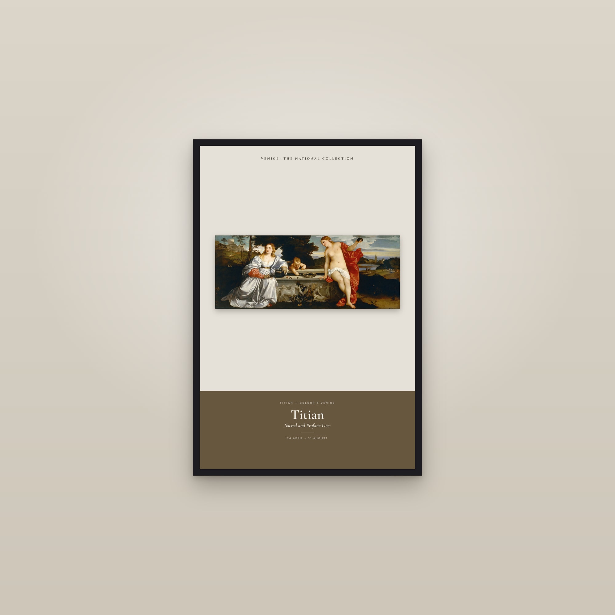 Sacred and Profane Love — Exhibition Poster — framed in a gallery setting
