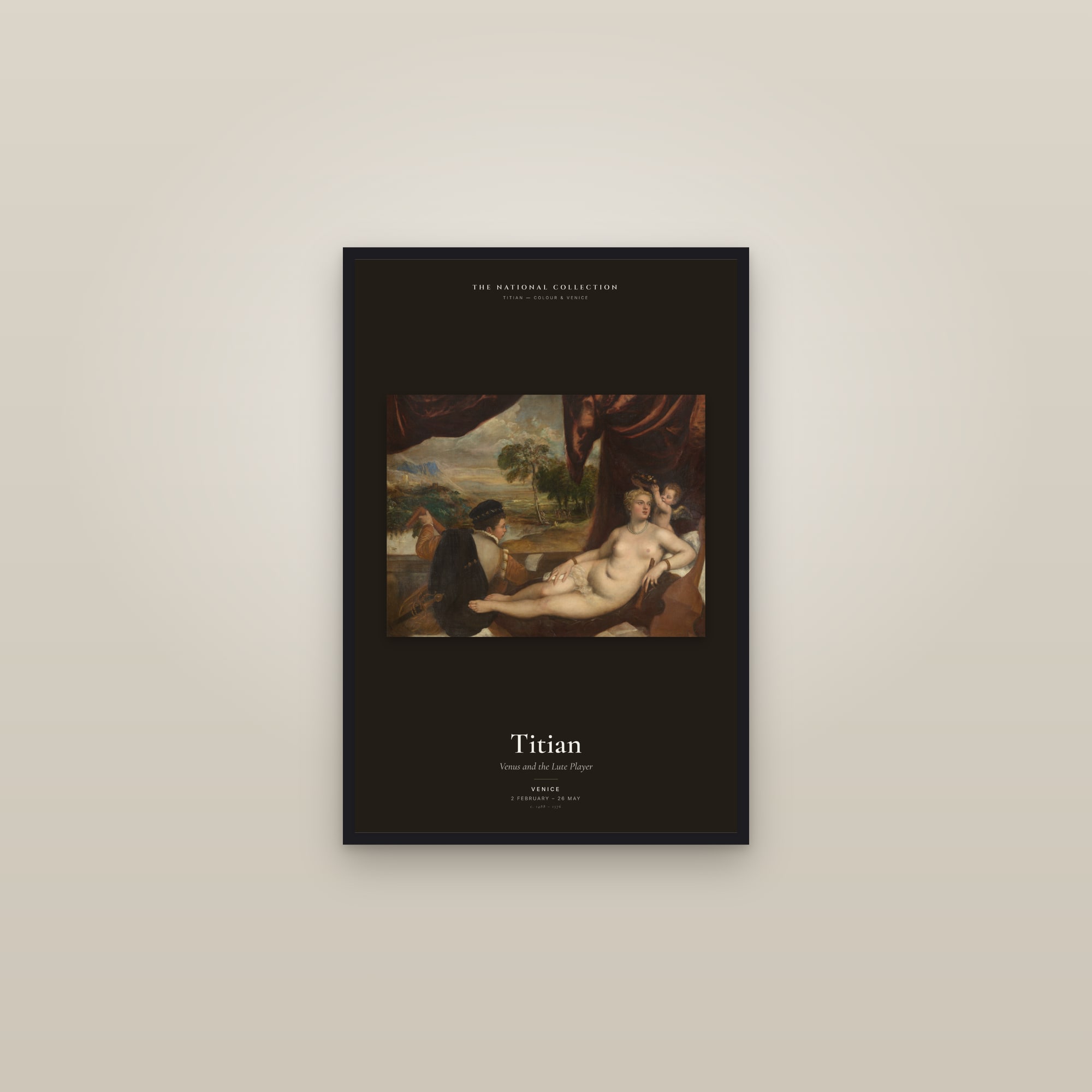 Venus and the Lute Player — Exhibition Poster — framed in a gallery setting