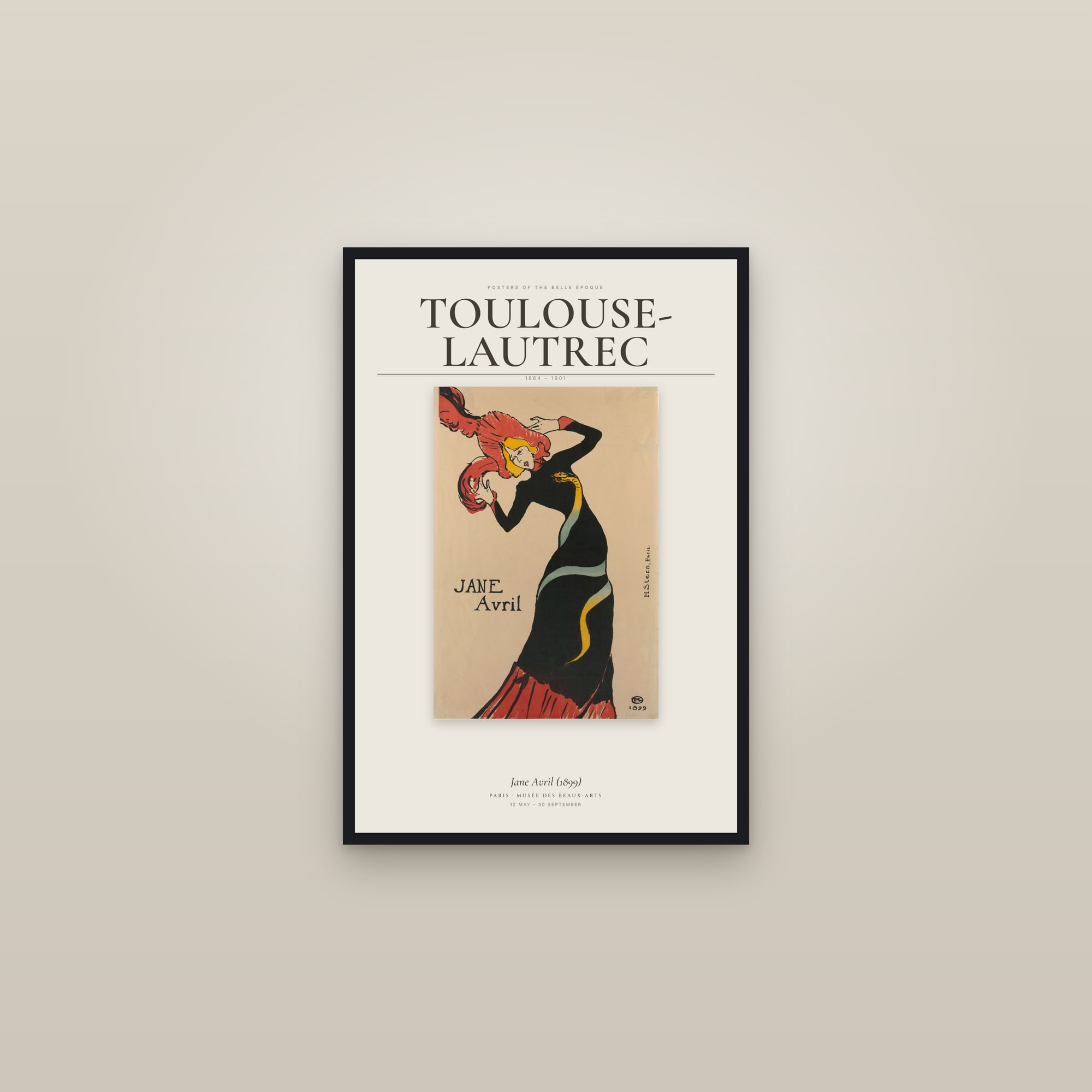 Jane Avril (1899) — Exhibition Poster — framed in a gallery setting