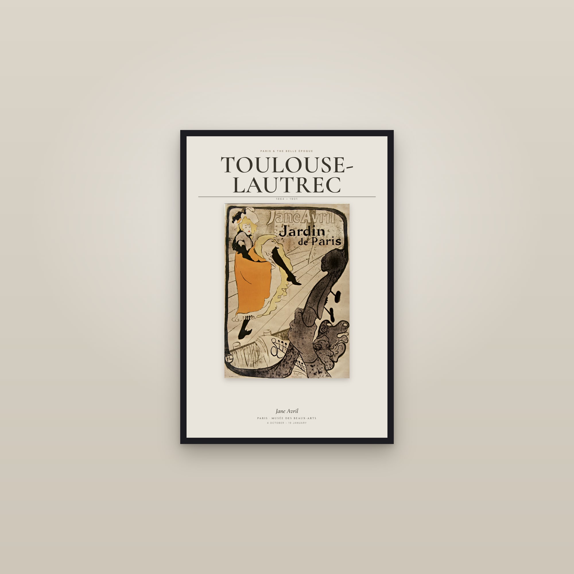 Jane Avril — Exhibition Poster — framed in a gallery setting