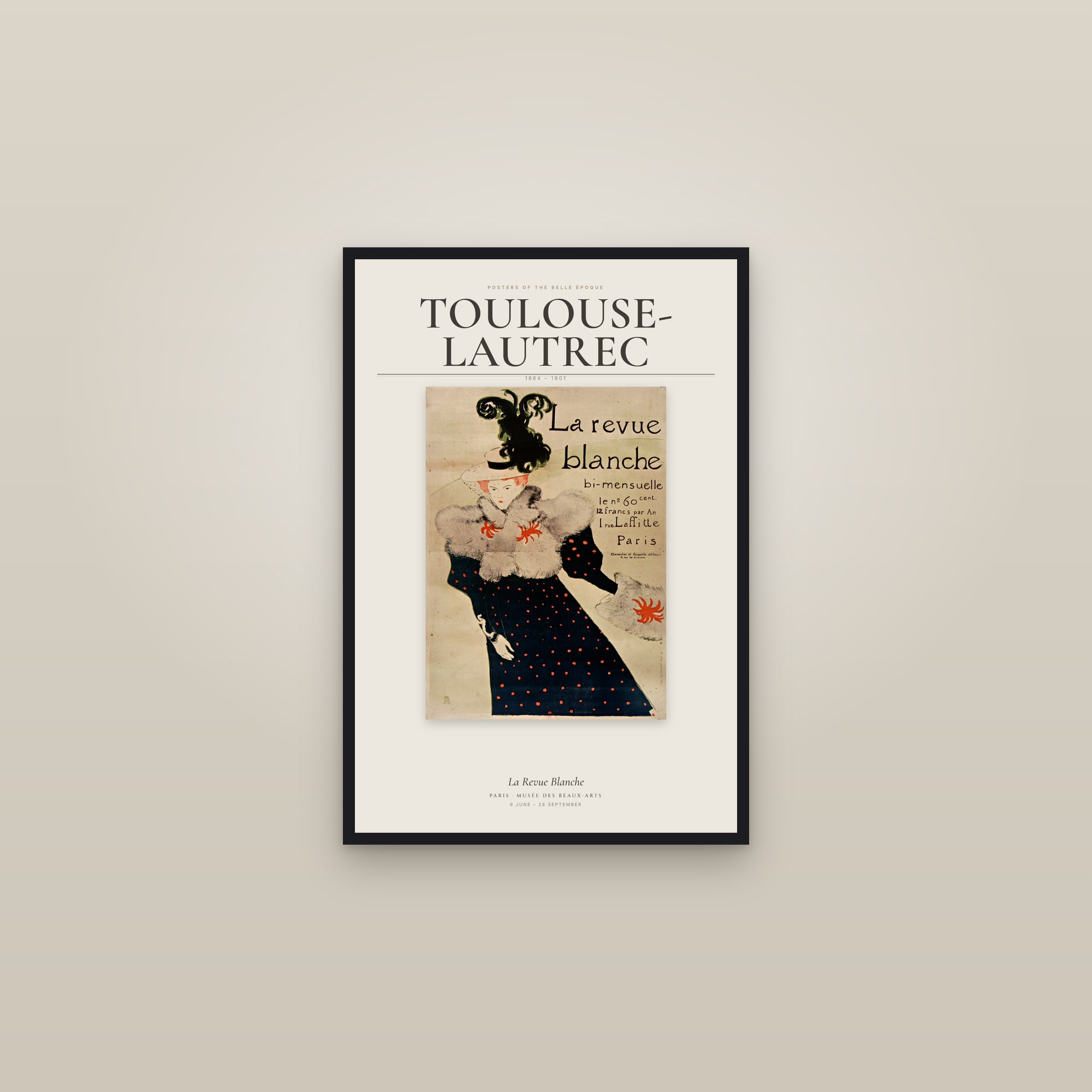 La Revue Blanche (Toulouse-Lautrec) — Exhibition Poster — framed in a gallery setting