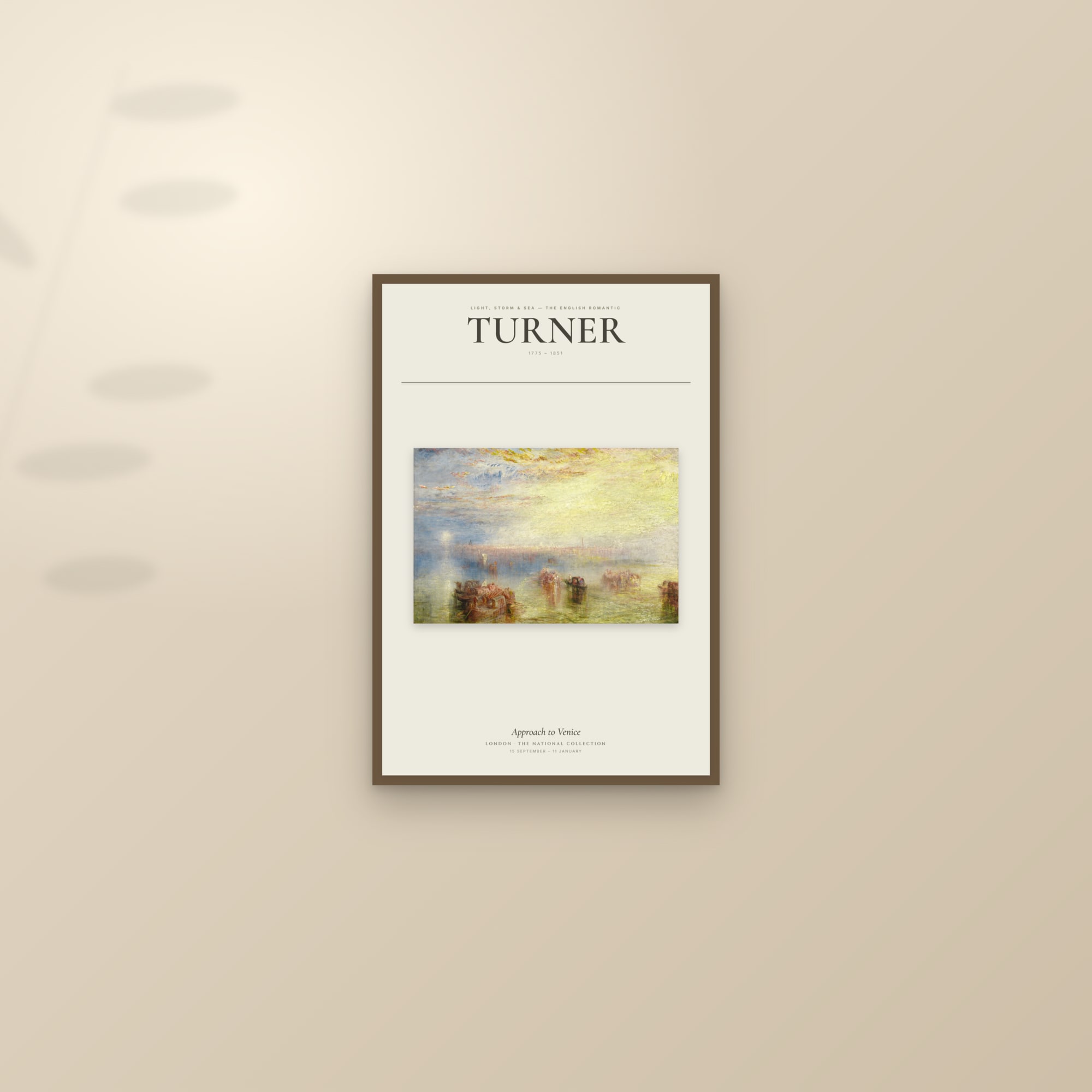 Approach to Venice — Exhibition Poster — framed and styled on a sunlit wall
