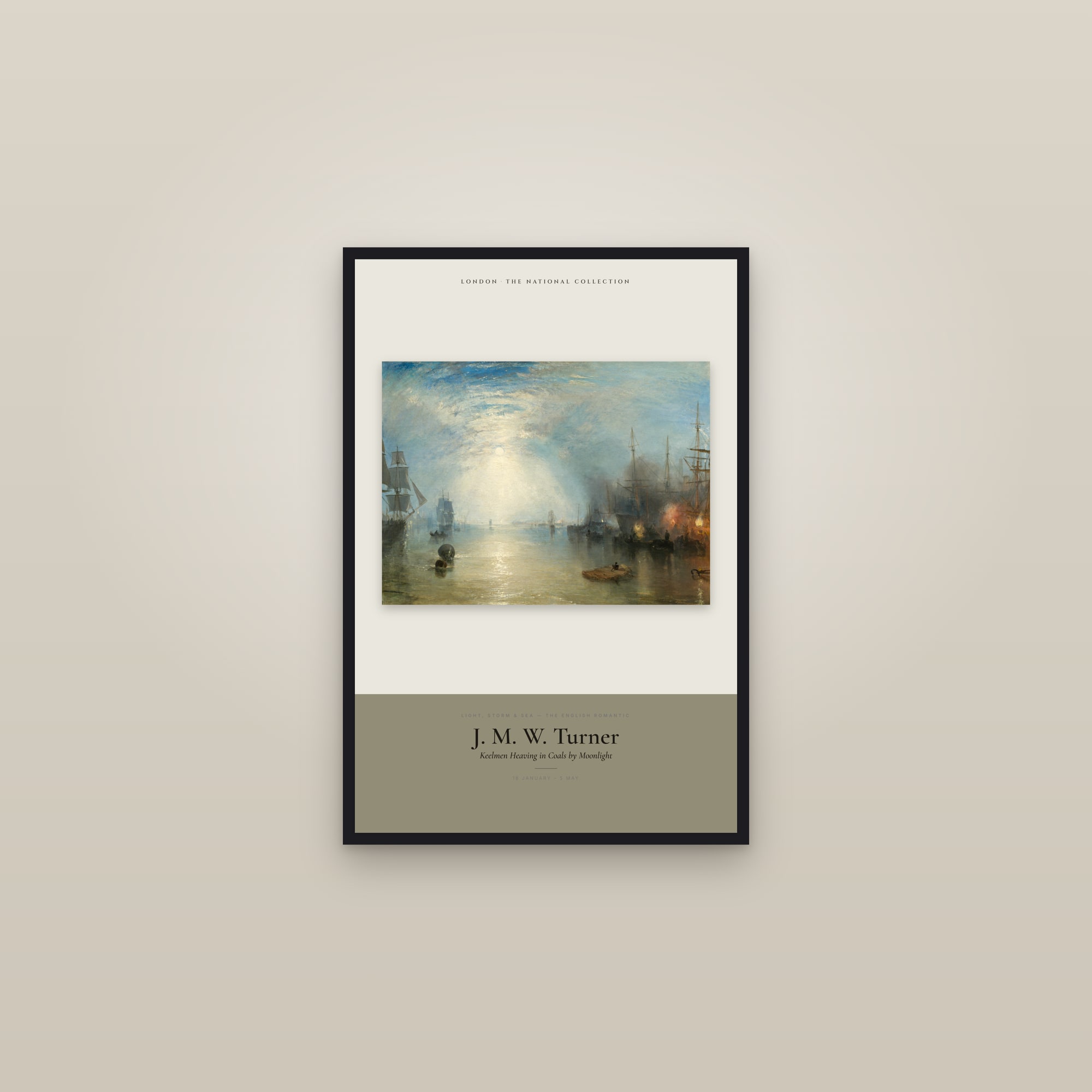 Keelmen Heaving in Coals by Moonlight — Exhibition Poster — framed in a gallery setting