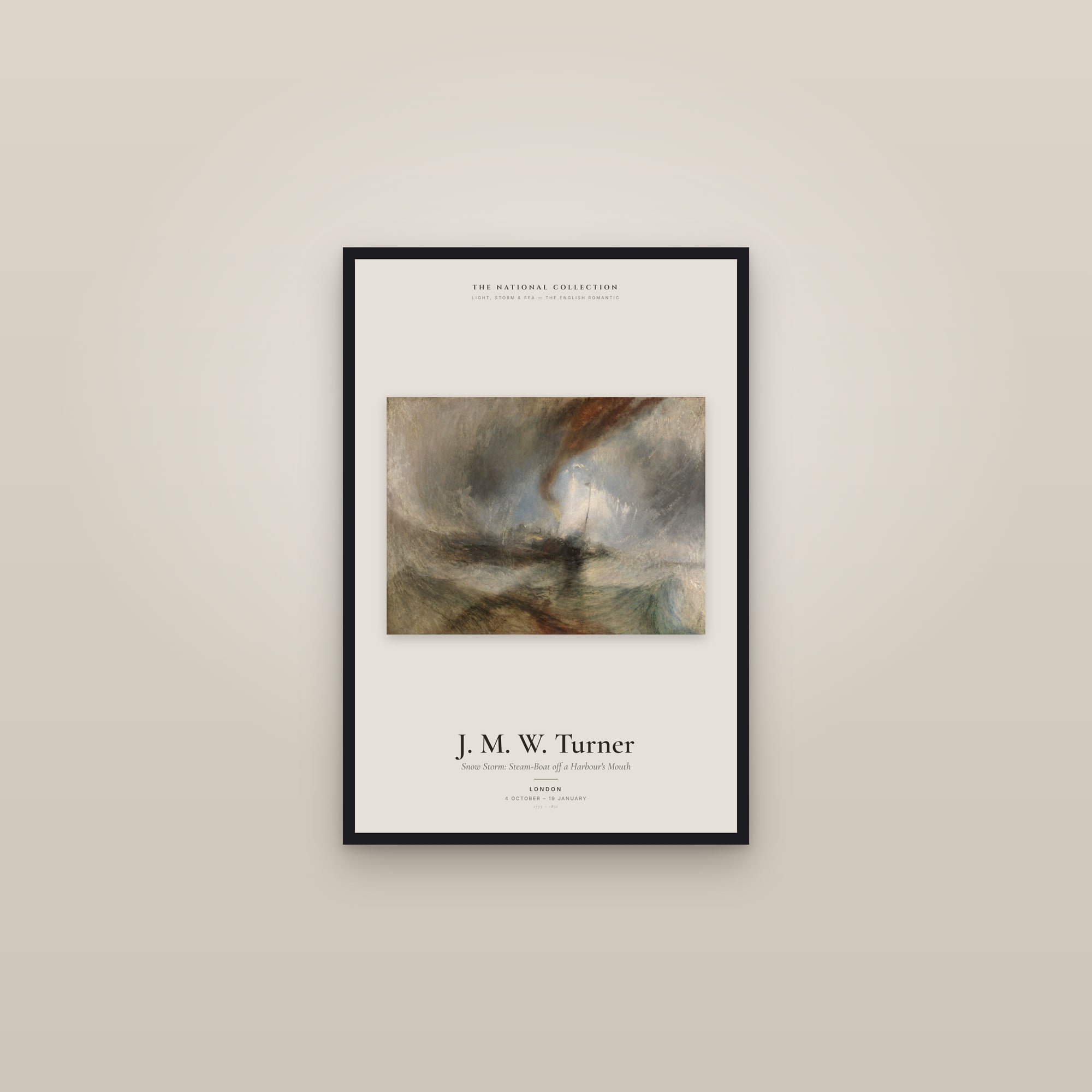 Snow Storm: Steam-Boat off a Harbour's Mouth — Exhibition Poster — framed in a gallery setting