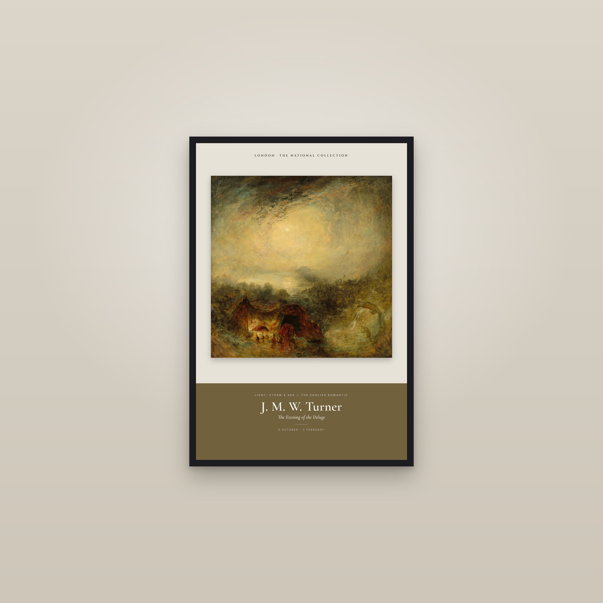 The Evening of the Deluge — Exhibition Poster — framed in a gallery setting