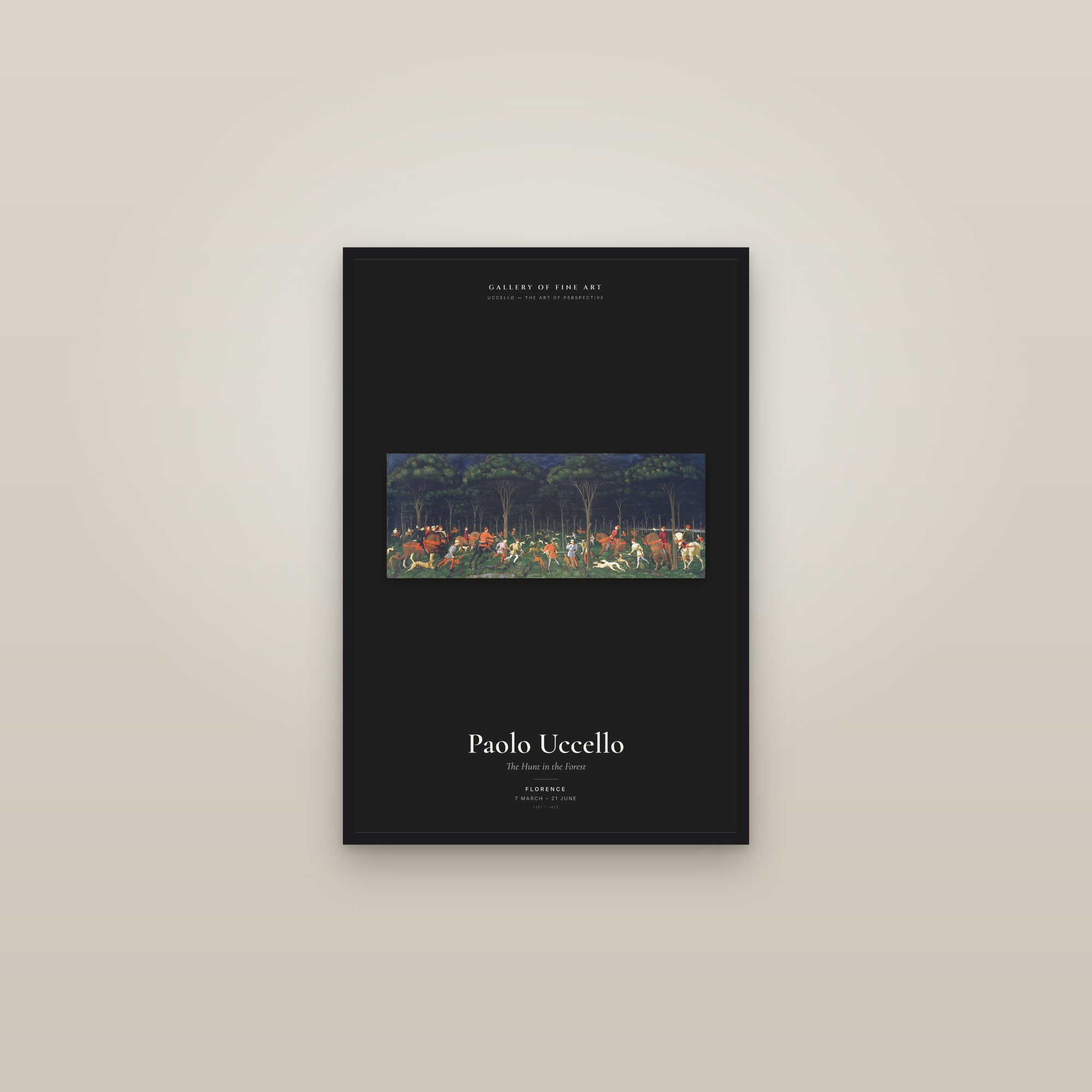 The Hunt in the Forest — Exhibition Poster — framed in a gallery setting
