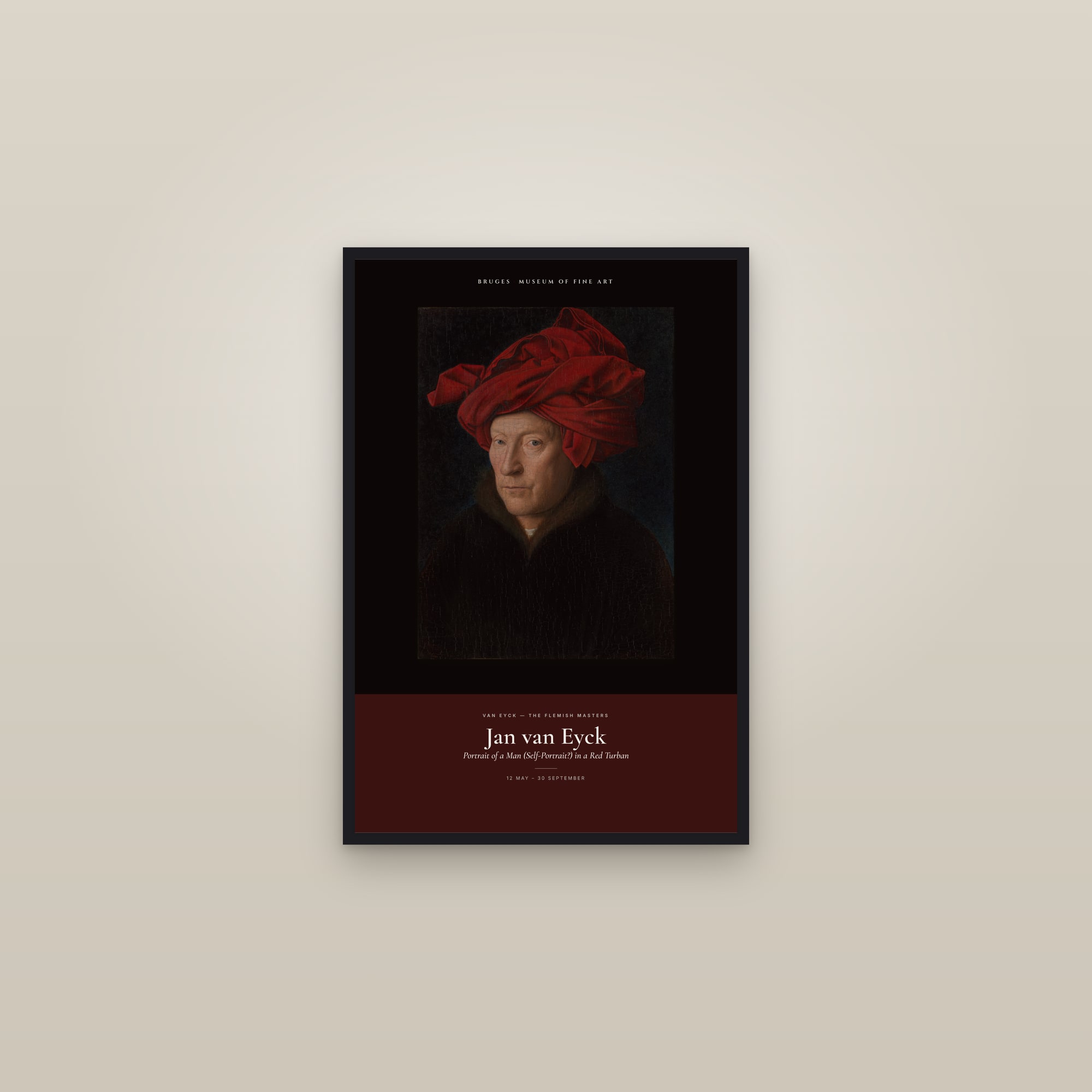 Portrait of a Man (Self-Portrait?) in a Red Turban — Exhibition Poster — framed in a gallery setting