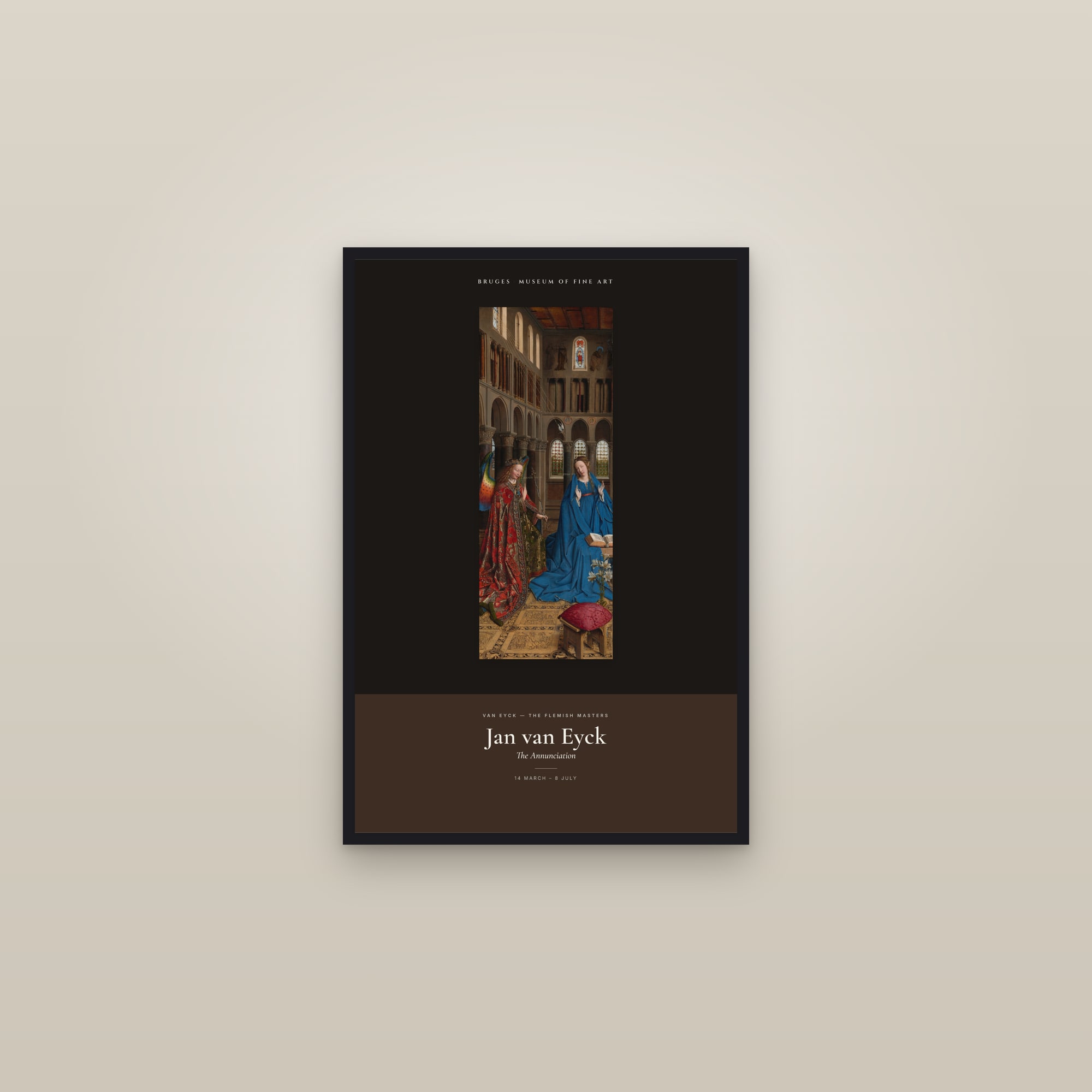 The Annunciation (Van Eyck) — Exhibition Poster — framed in a gallery setting