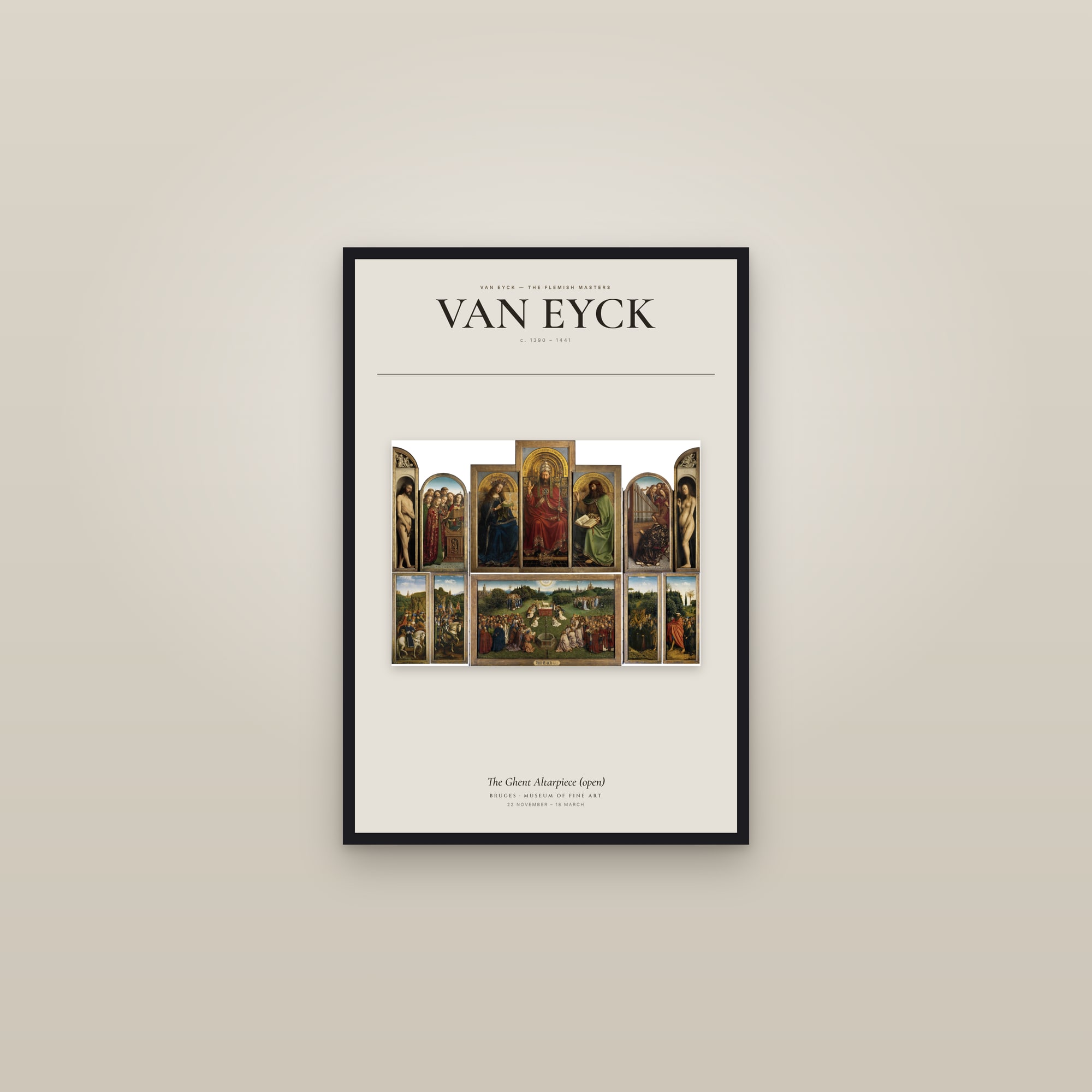 The Ghent Altarpiece (open) — Exhibition Poster — framed in a gallery setting