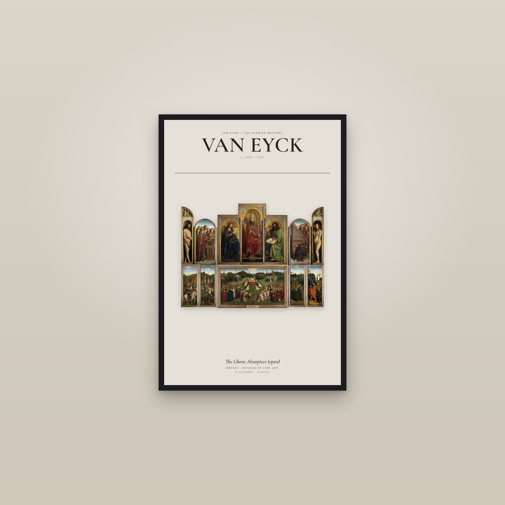 The Ghent Altarpiece (open) — Exhibition Poster — framed in a gallery setting