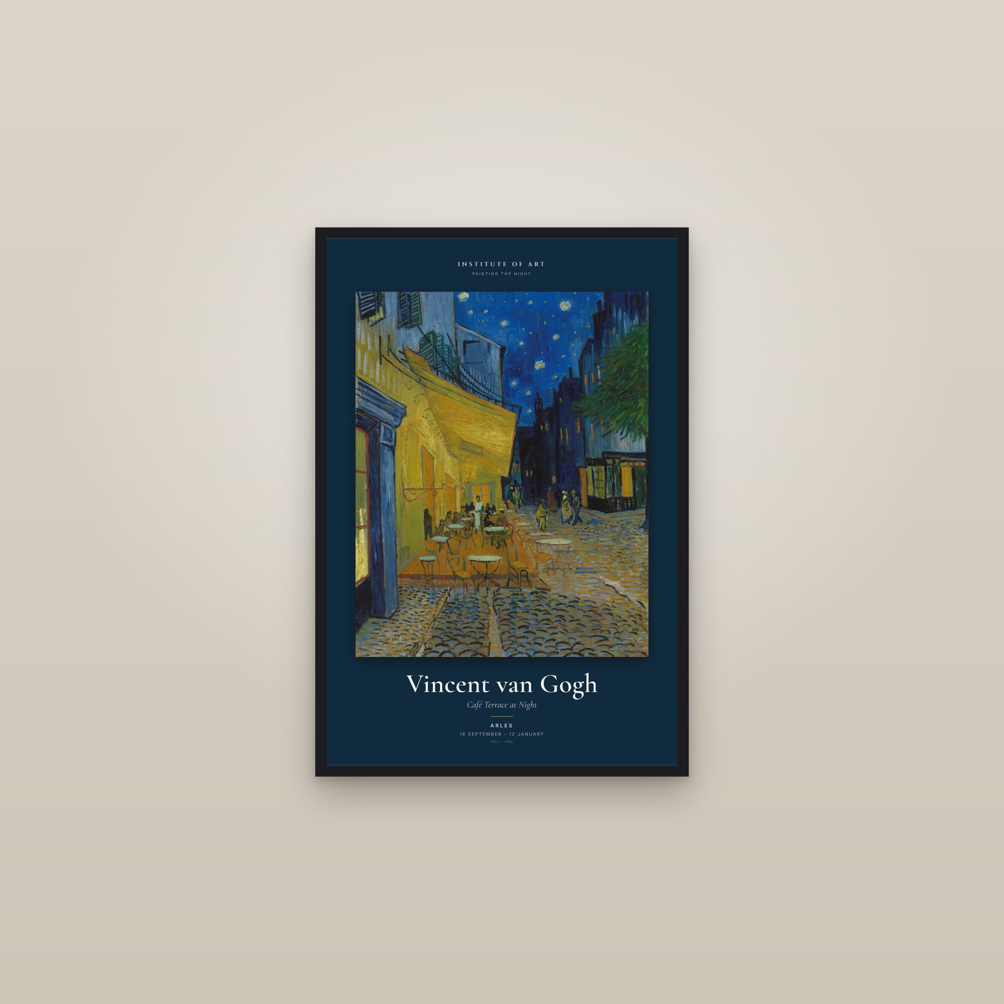 Café Terrace at Night — Exhibition Poster — framed in a gallery setting