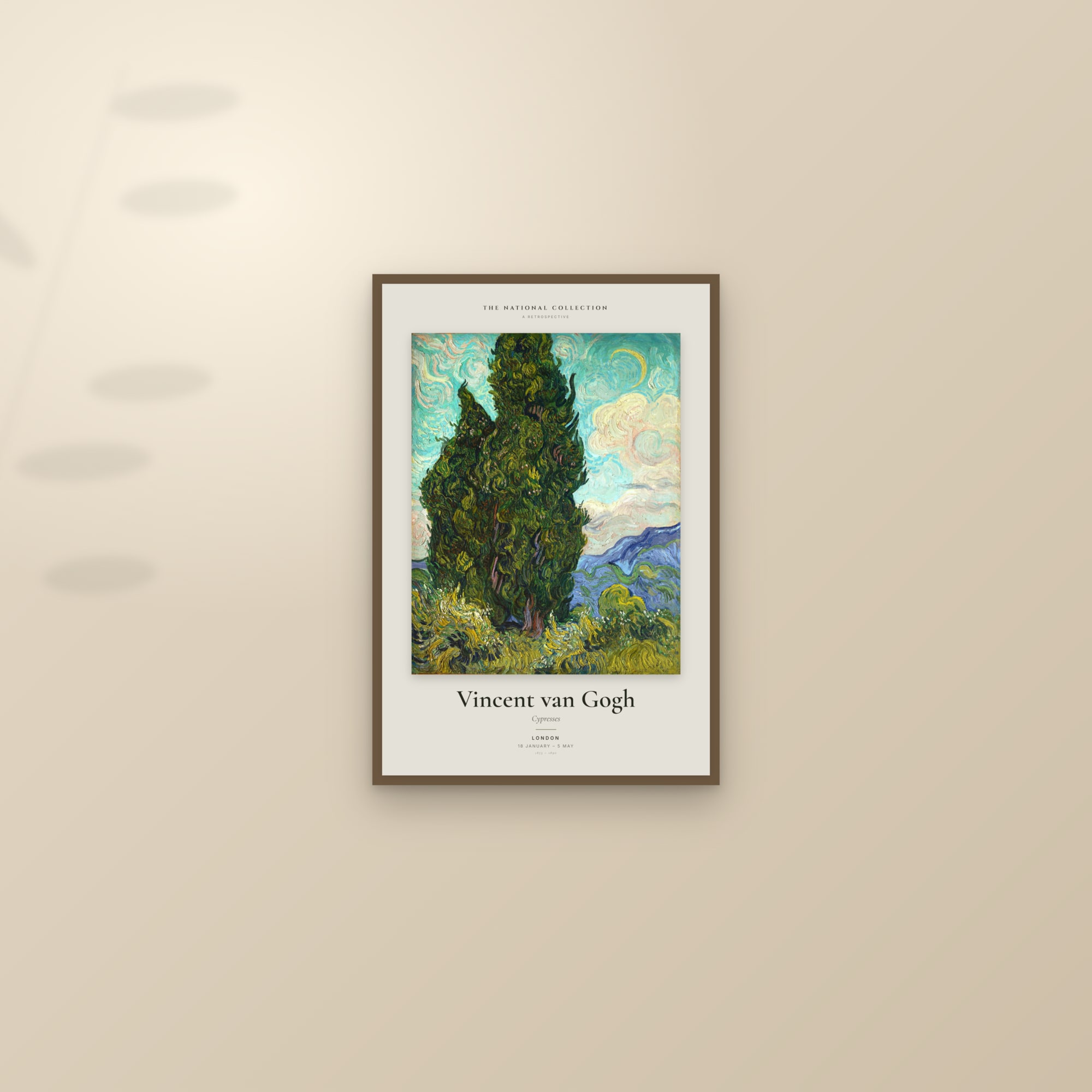 Cypresses — Exhibition Poster — framed and styled on a sunlit wall