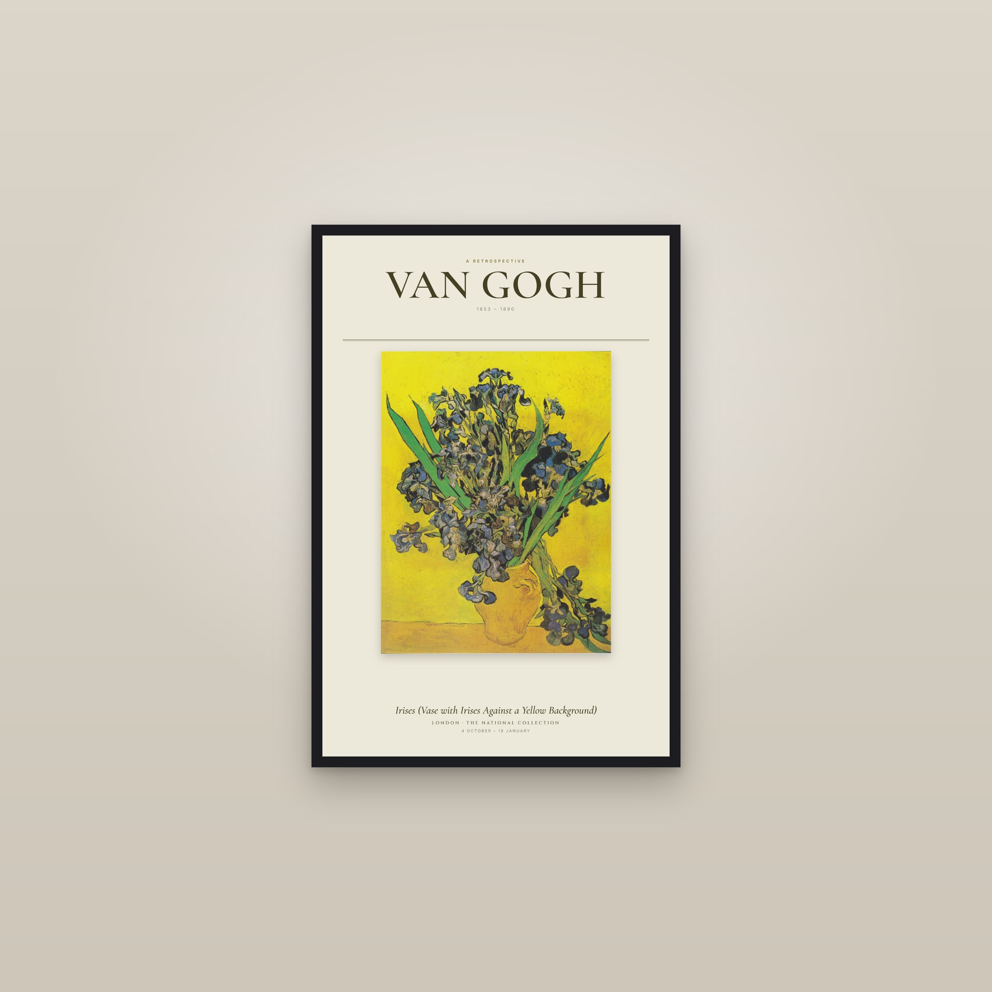 Irises (Vase with Irises Against a Yellow Background) — Exhibition Poster — framed in a gallery setting