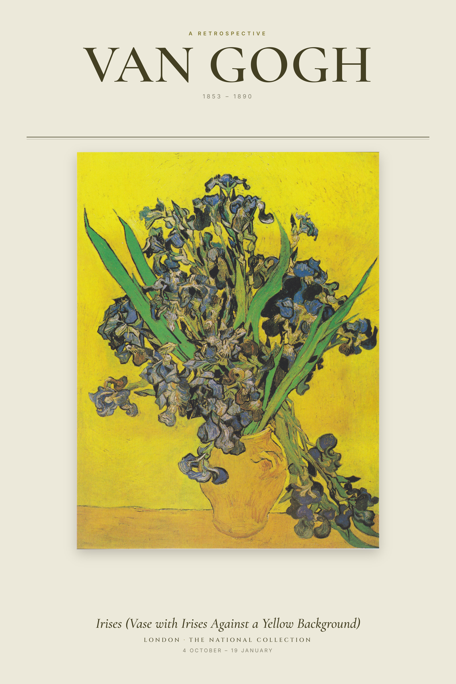 Irises (Vase with Irises Against a Yellow Background) — Exhibition Poster