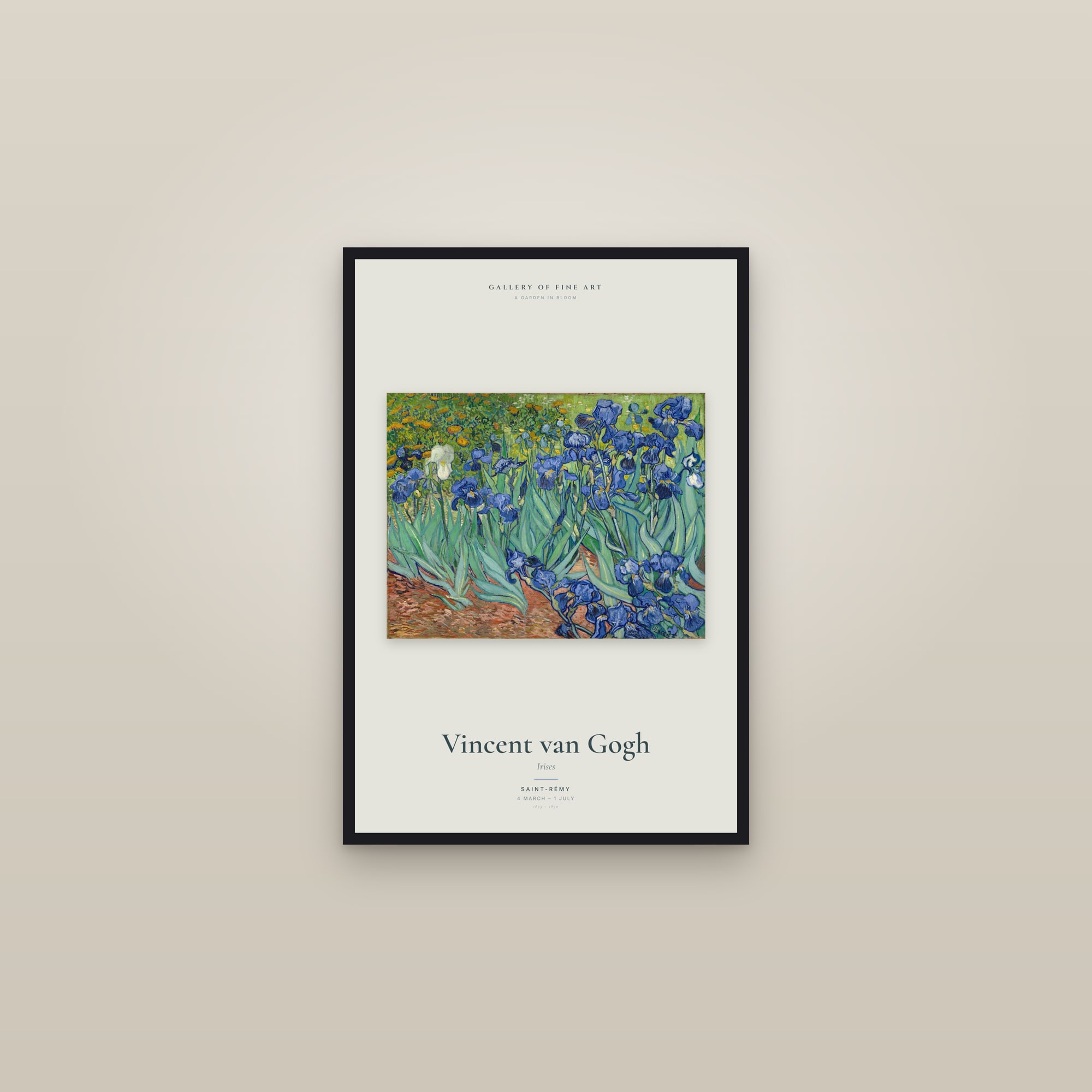 Irises — Exhibition Poster — framed in a gallery setting